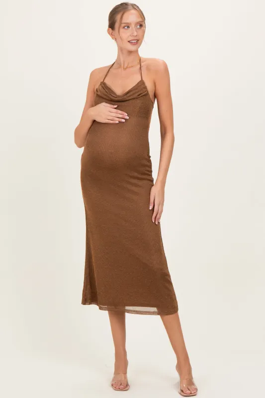 Brown Halter Cowl Neck Maternity Midi Dress sold by Pinkblush