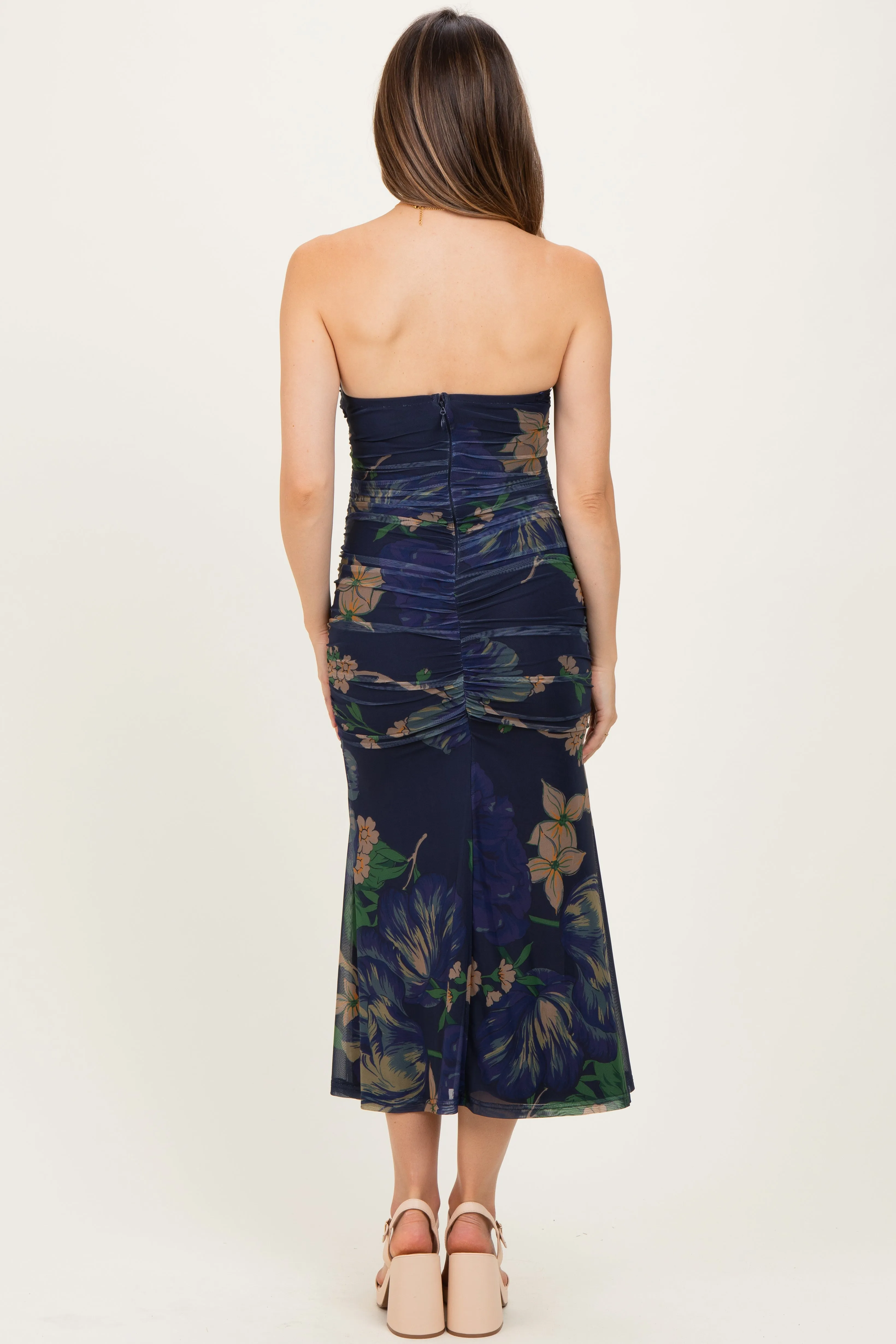 Navy Floral Mesh Ruched Maternity Midi Dress sold by Pinkblush product image thumbnail 4