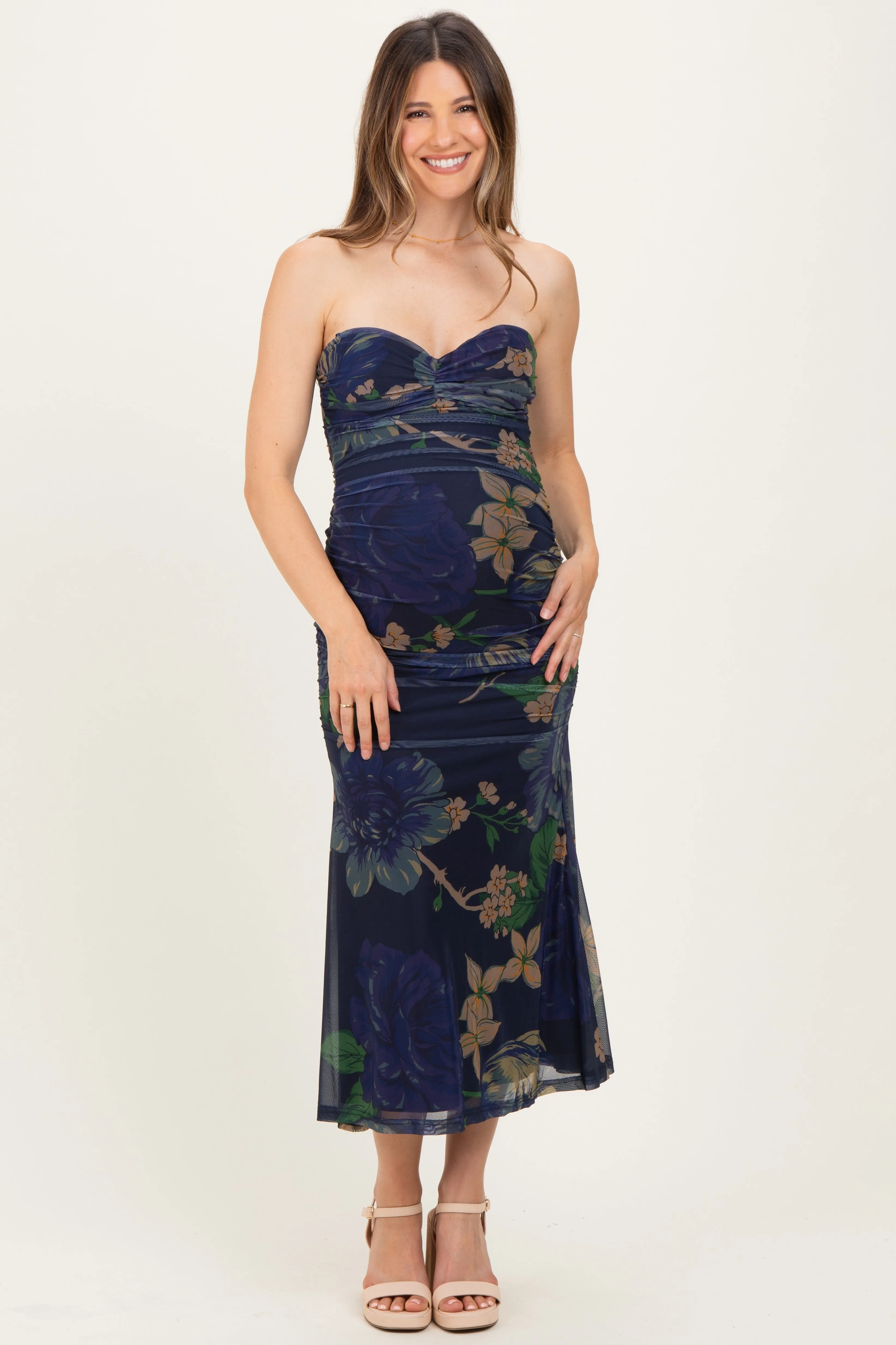 Navy Floral Mesh Ruched Maternity Midi Dress sold by Pinkblush