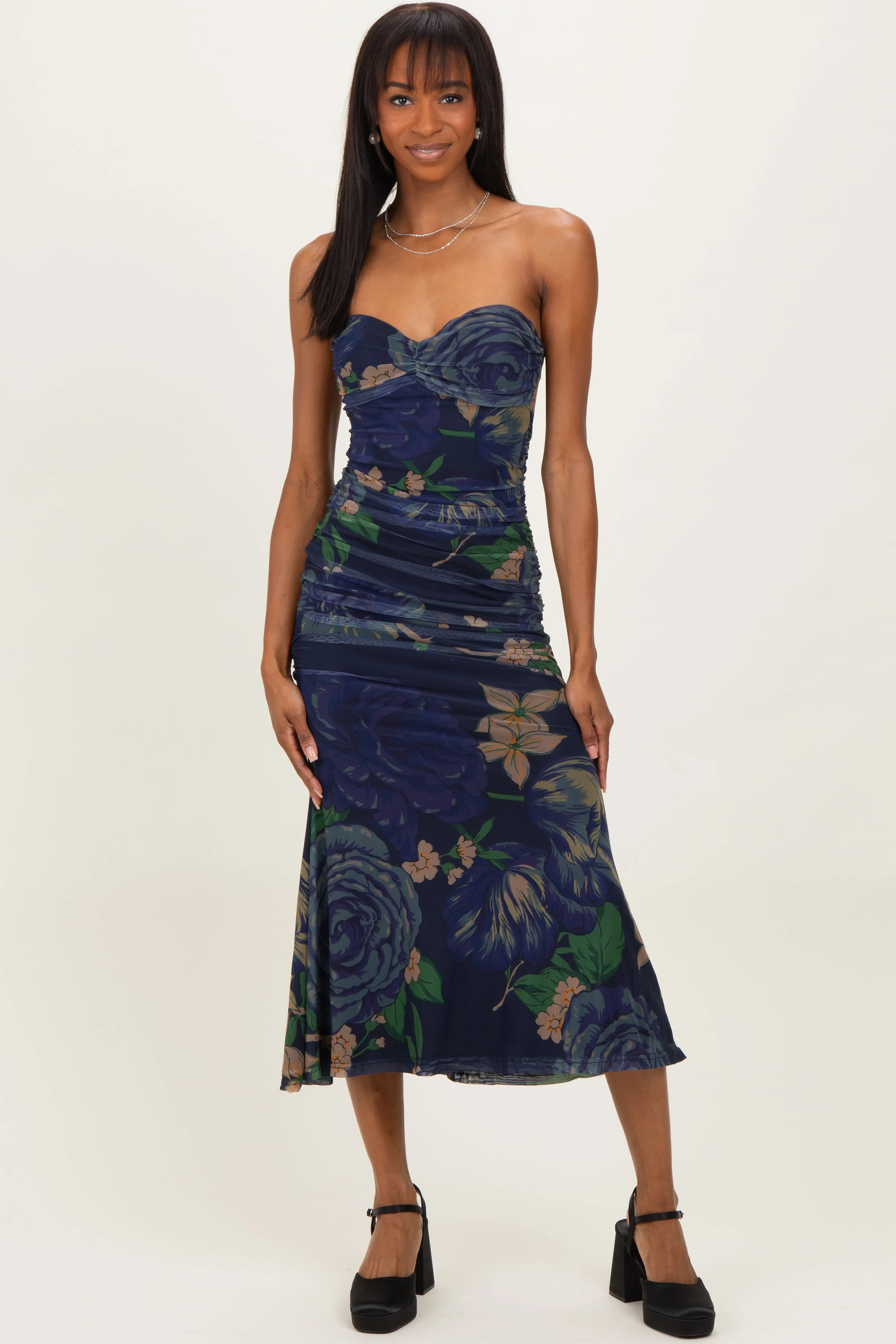Navy Floral Mesh Ruched Maternity Midi Dress sold by Pinkblush product image thumbnail 5