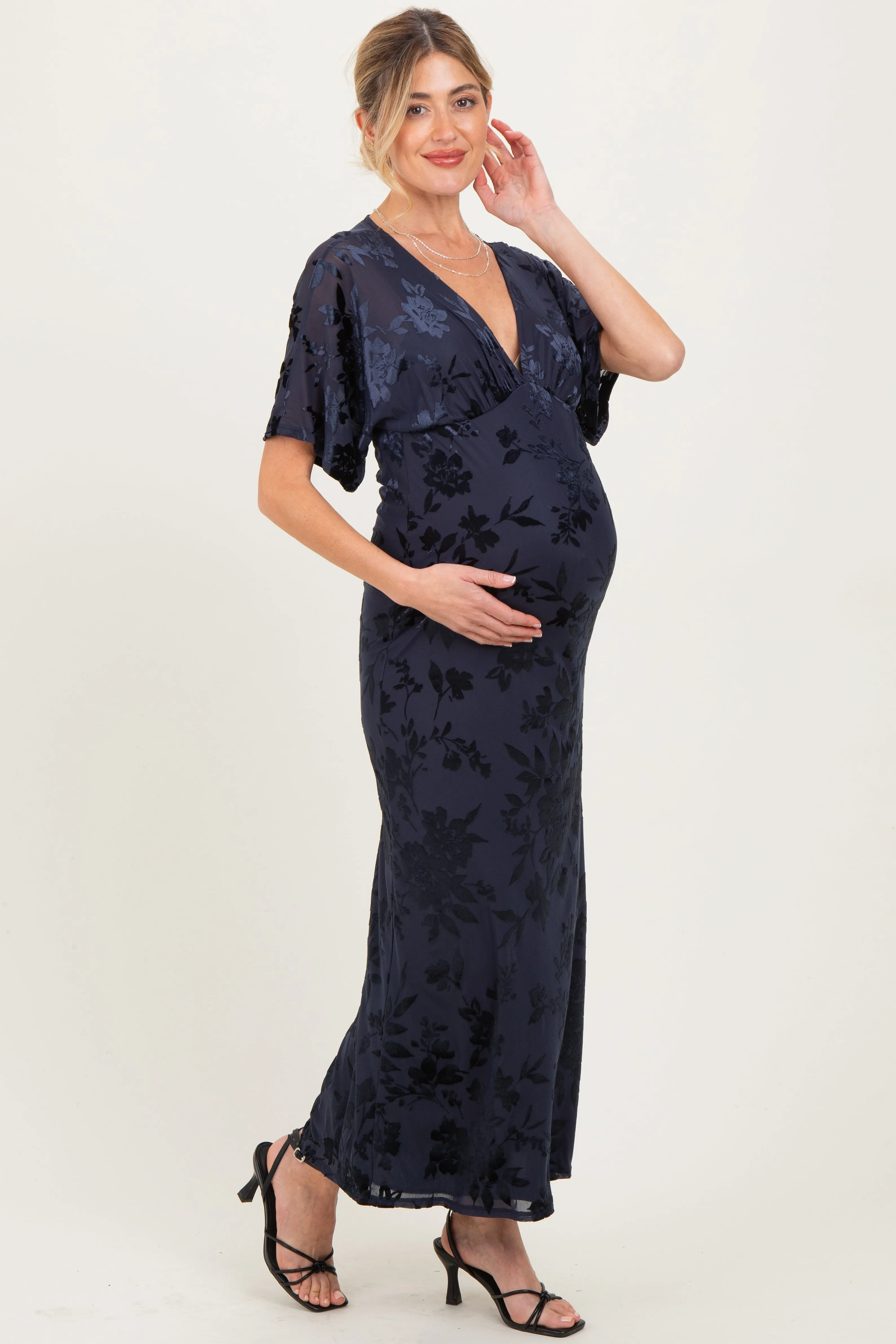 Navy Floral Velvet V-Neck Short Sleeve Maternity Maxi Dress sold by Pinkblush product image thumbnail 4