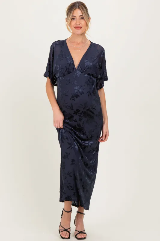 Navy Floral Velvet V-Neck Short Sleeve Maternity Maxi Dress sold by Pinkblush