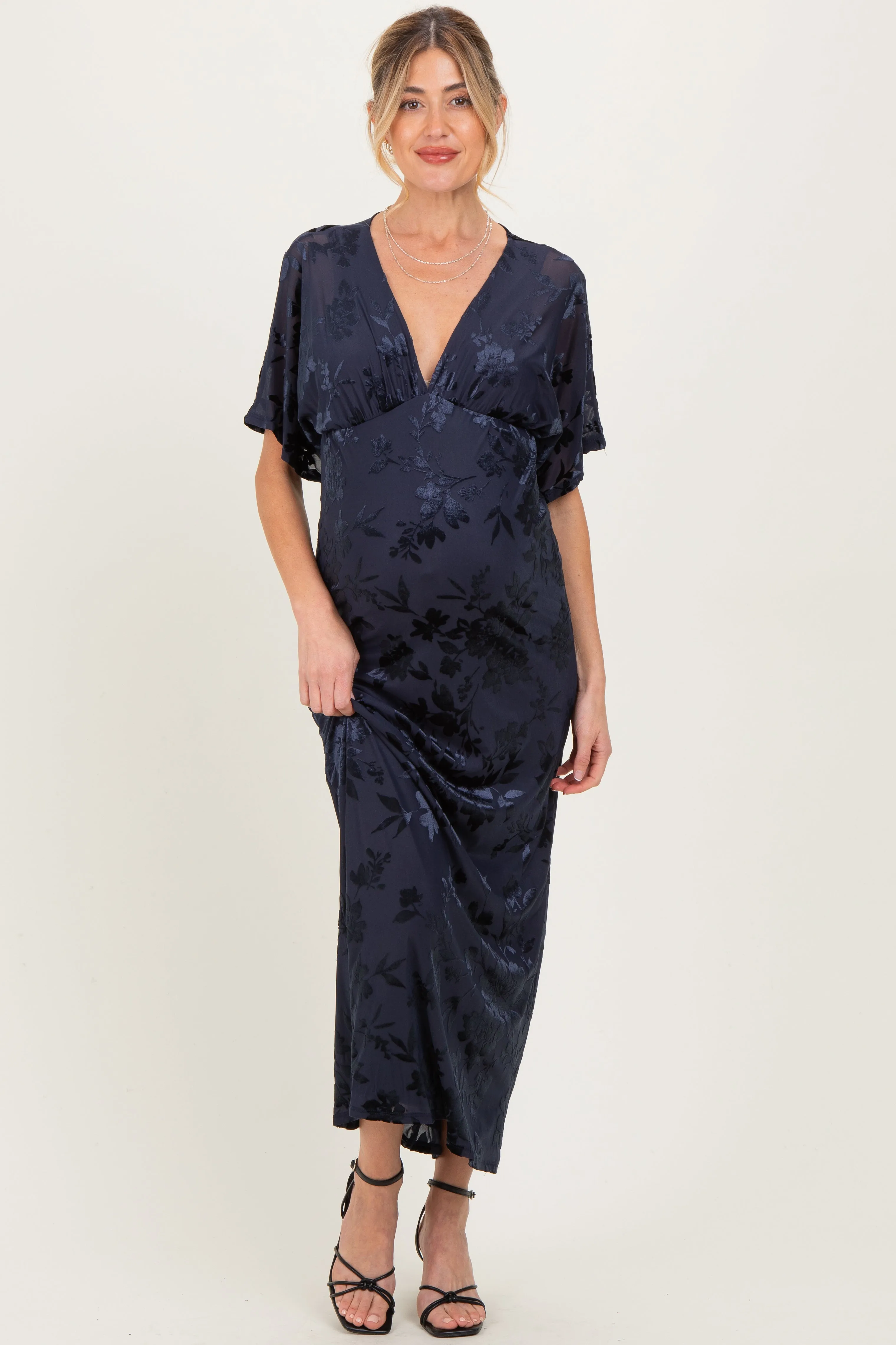 Navy Floral Velvet V-Neck Short Sleeve Maternity Maxi Dress sold by Pinkblush