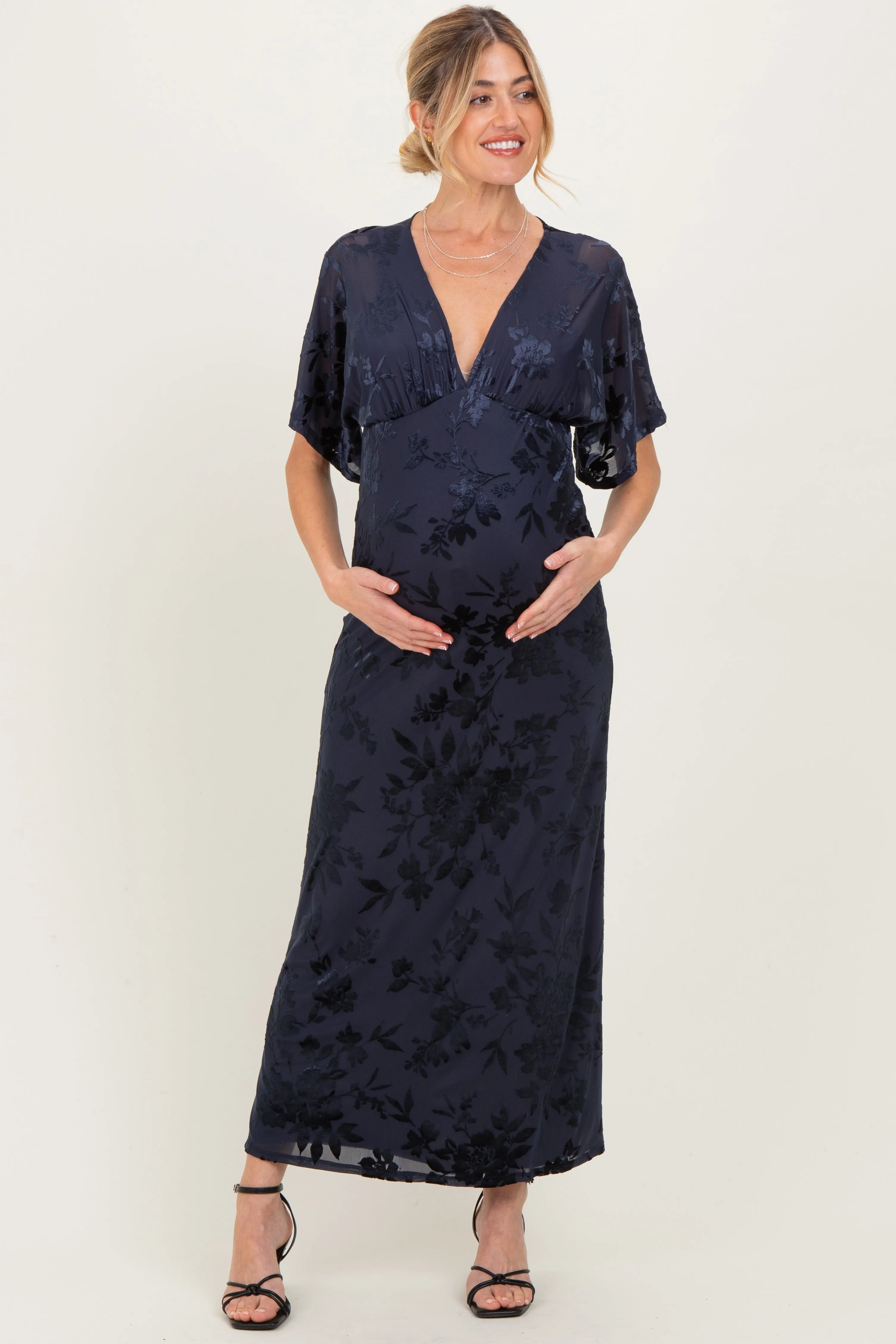 Navy Floral Velvet V-Neck Short Sleeve Maternity Maxi Dress sold by Pinkblush product image thumbnail 2