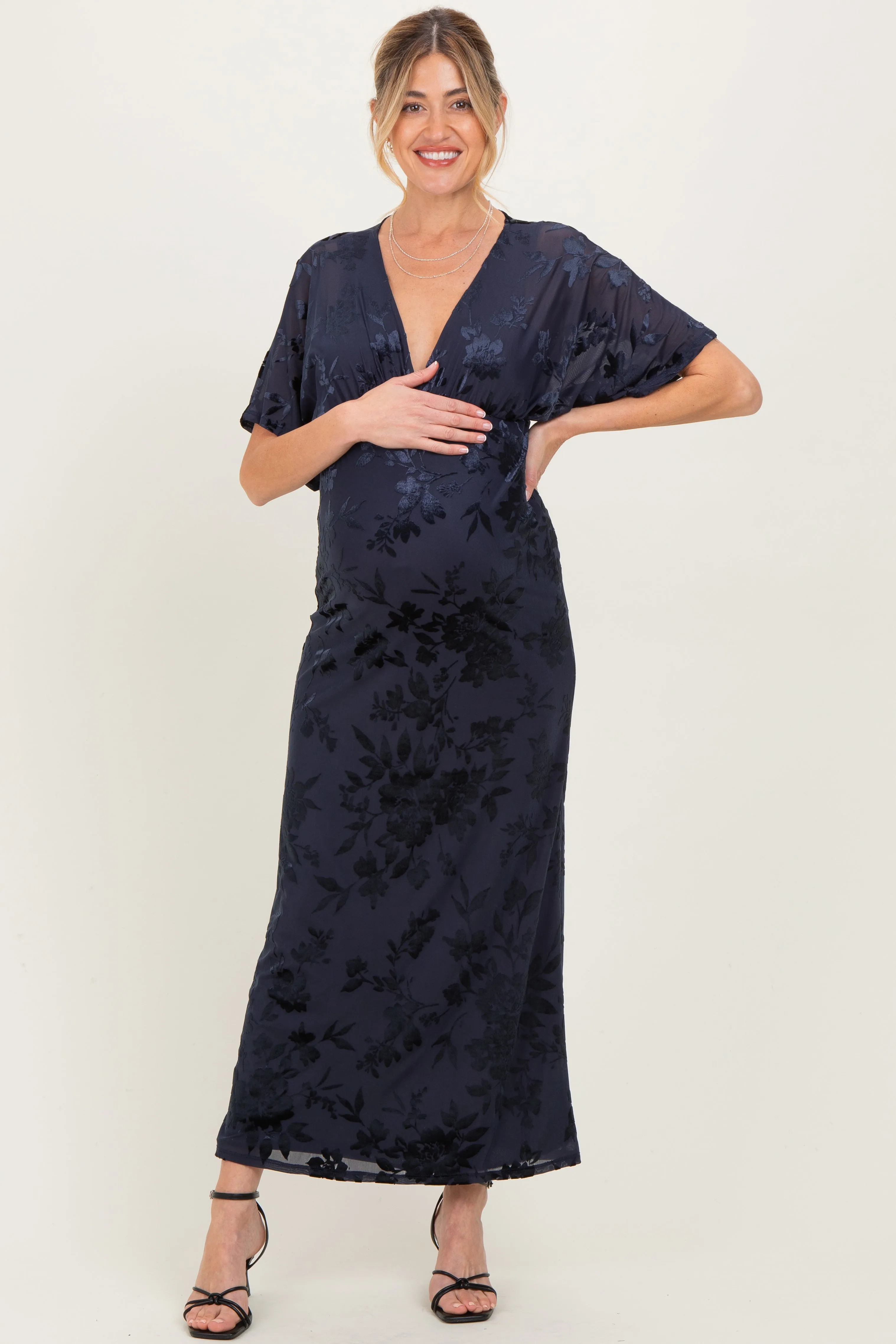 Navy Floral Velvet V-Neck Short Sleeve Maternity Maxi Dress sold by Pinkblush product image thumbnail 3