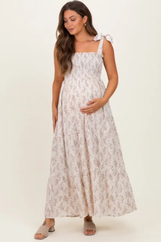 Ivory Floral Shoulder Tie Maternity Maxi Dress sold by Pinkblush
