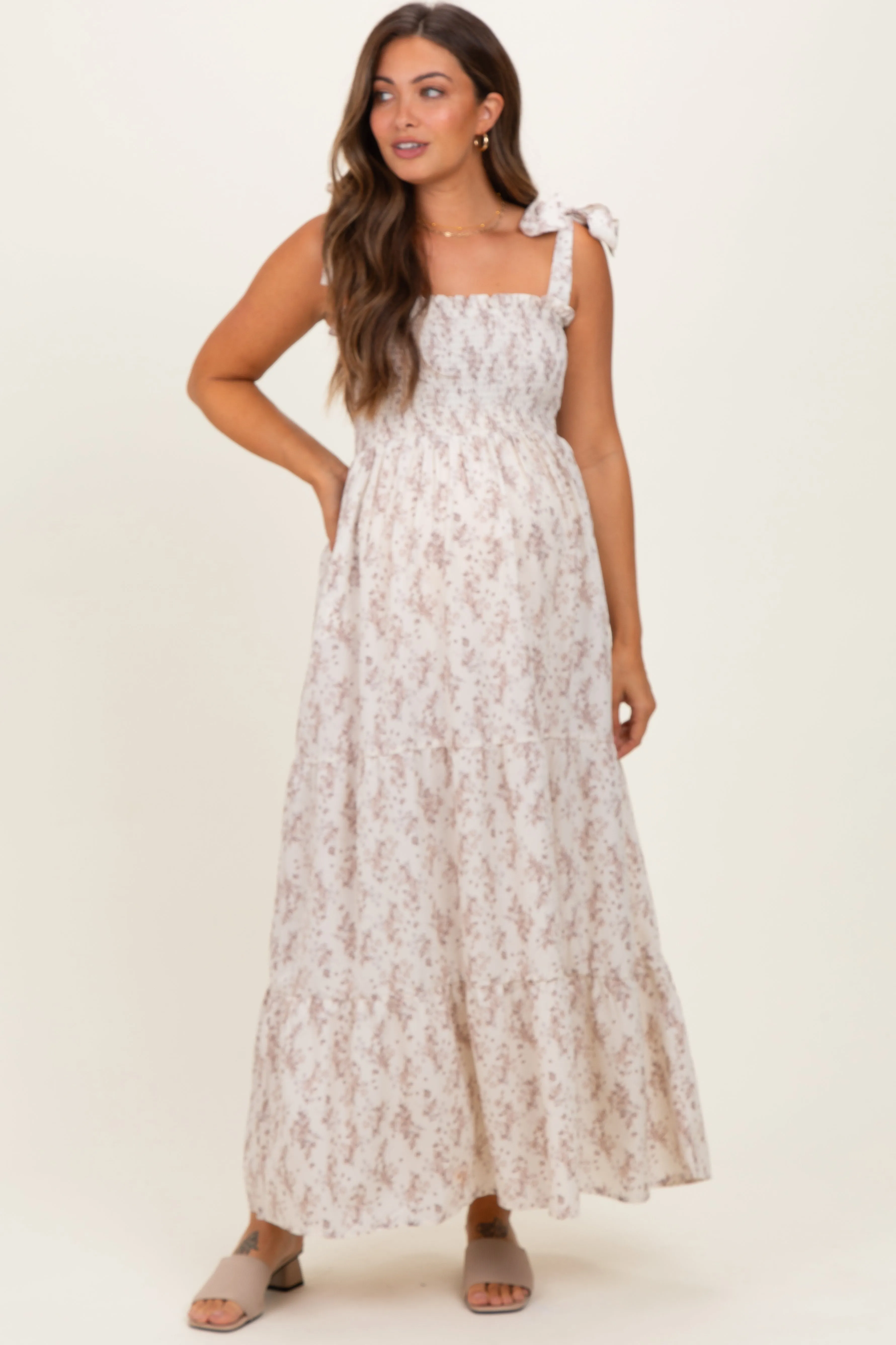 Ivory Floral Shoulder Tie Maternity Maxi Dress sold by Pinkblush product image thumbnail 2
