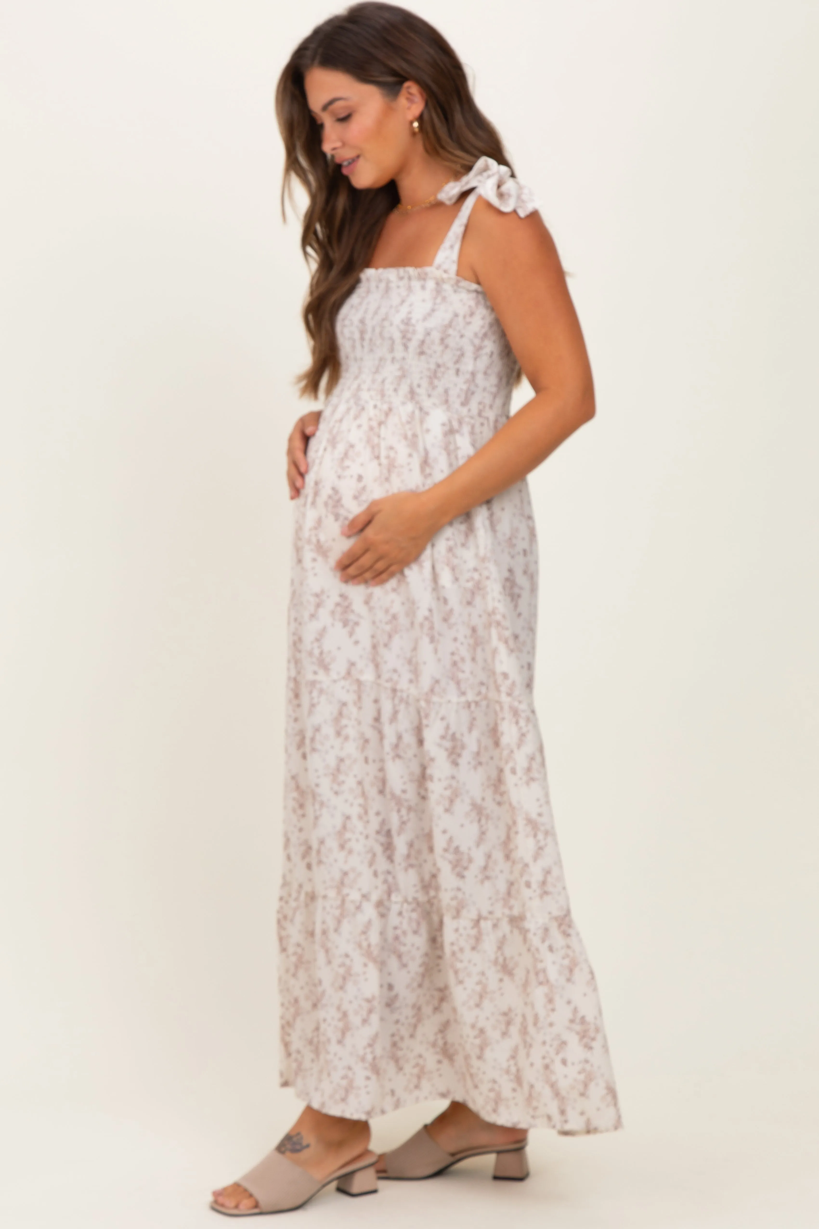Ivory Floral Shoulder Tie Maternity Maxi Dress sold by Pinkblush product image thumbnail 3