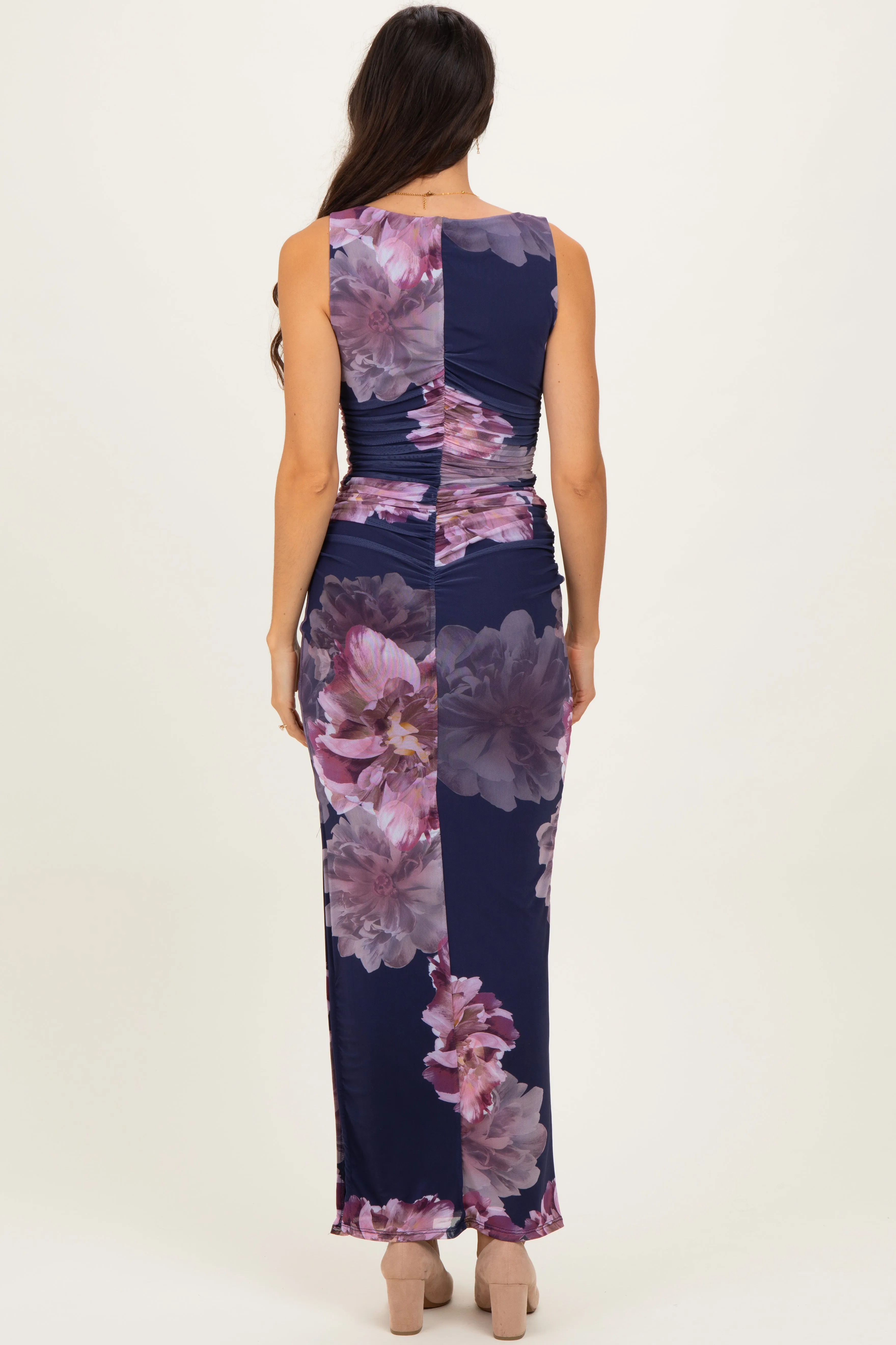 Navy Floral Ruched Sleeveless Midi Dress sold by Pinkblush product image thumbnail 4