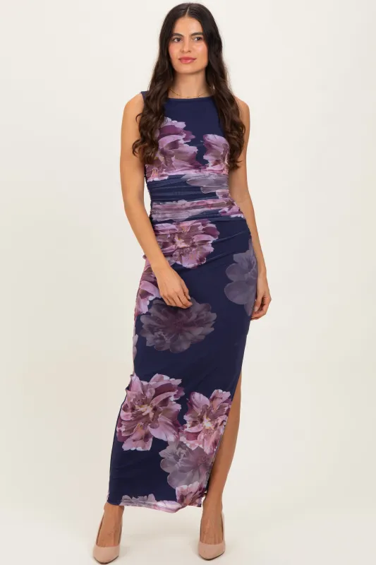 Navy Floral Ruched Sleeveless Midi Dress sold by Pinkblush