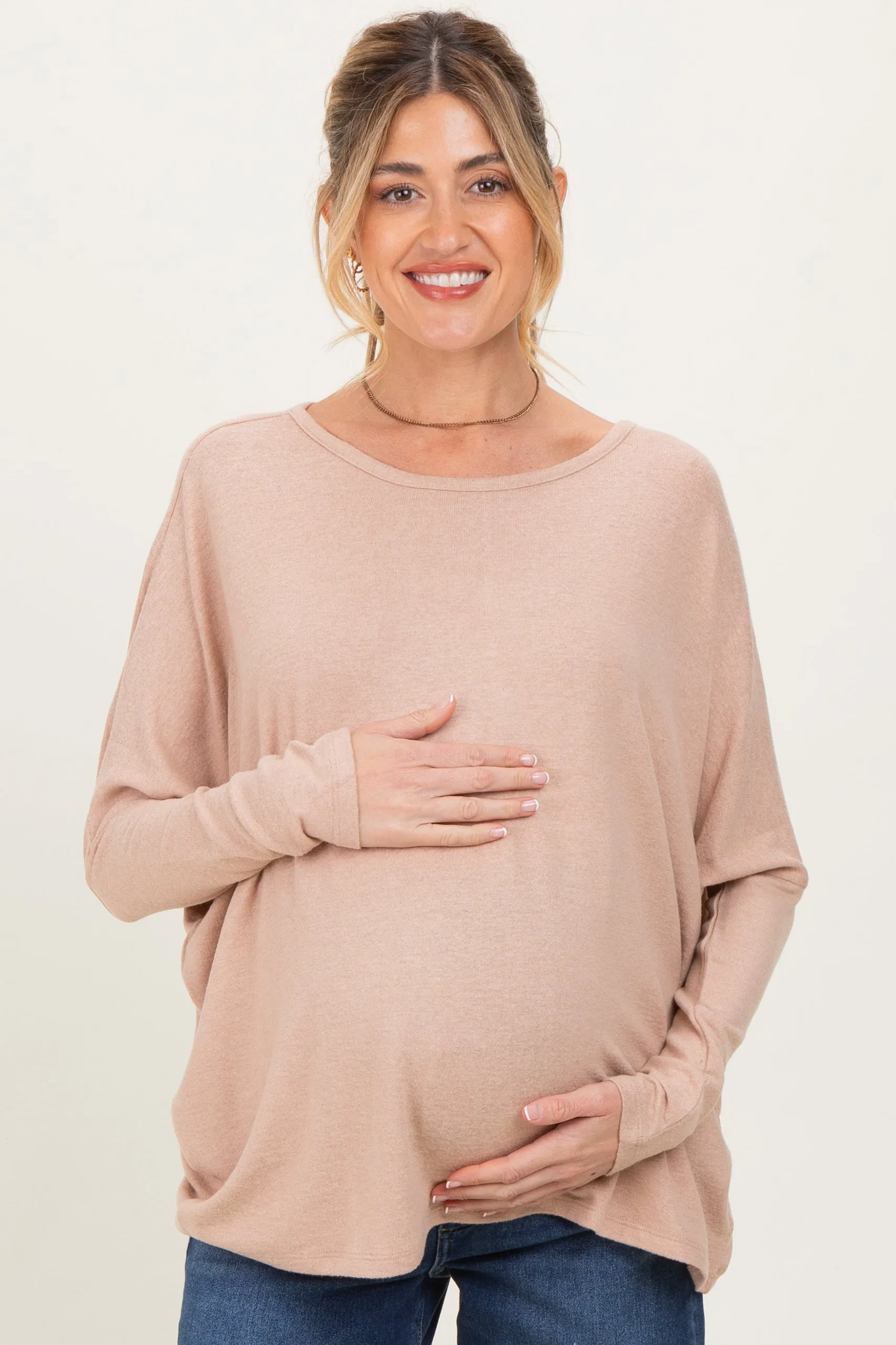 Taupe Relaxed Fit Dolman Long Sleeve Maternity Top sold by Pinkblush product image thumbnail 2