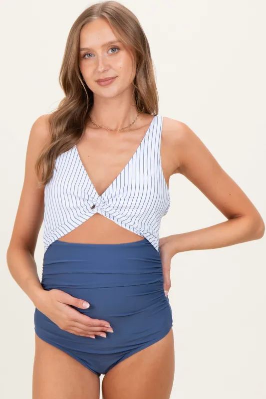 Ivory Striped Color Block Cutout Maternity Swimsuit sold by Pinkblush