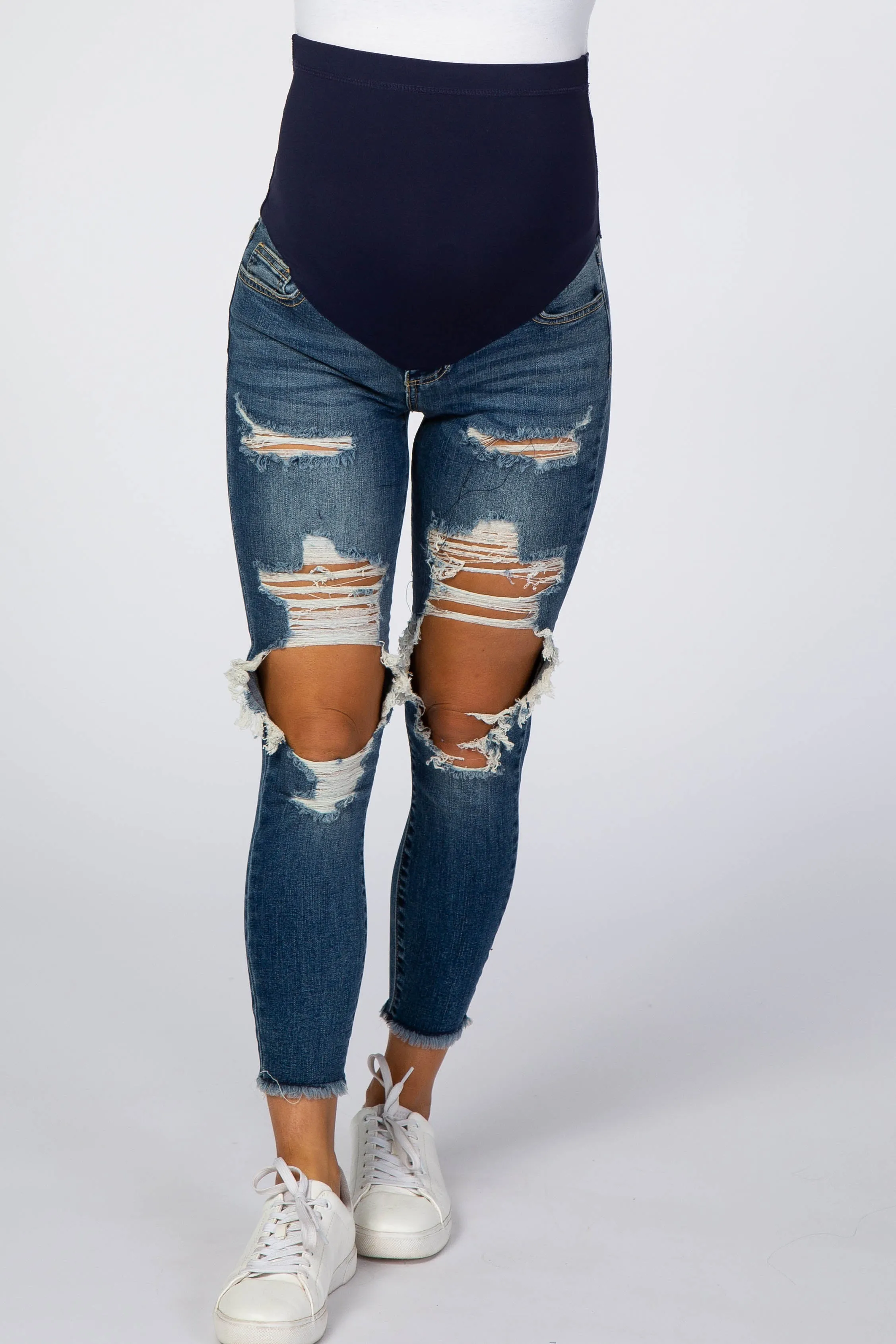 Navy Blue Ripped Knee Distressed Crop Maternity Jeans sold by Pinkblush product image thumbnail 2