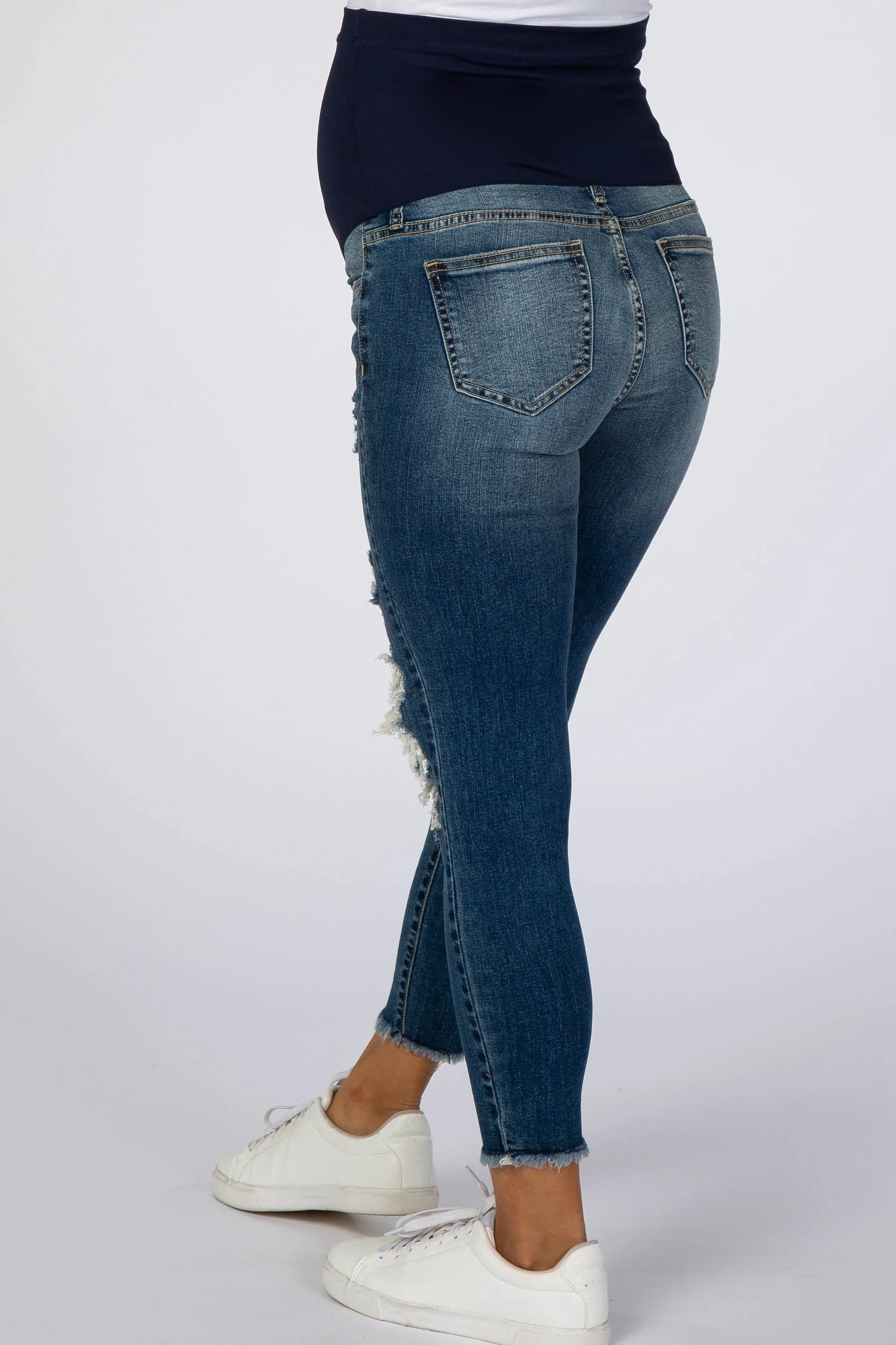Navy Blue Ripped Knee Distressed Crop Maternity Jeans sold by Pinkblush product image thumbnail 4