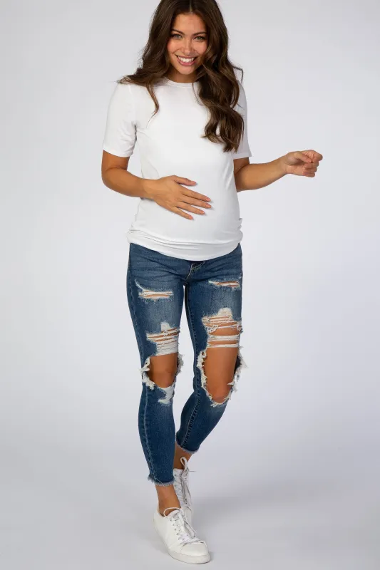 Navy Blue Ripped Knee Distressed Crop Maternity Jeans sold by Pinkblush