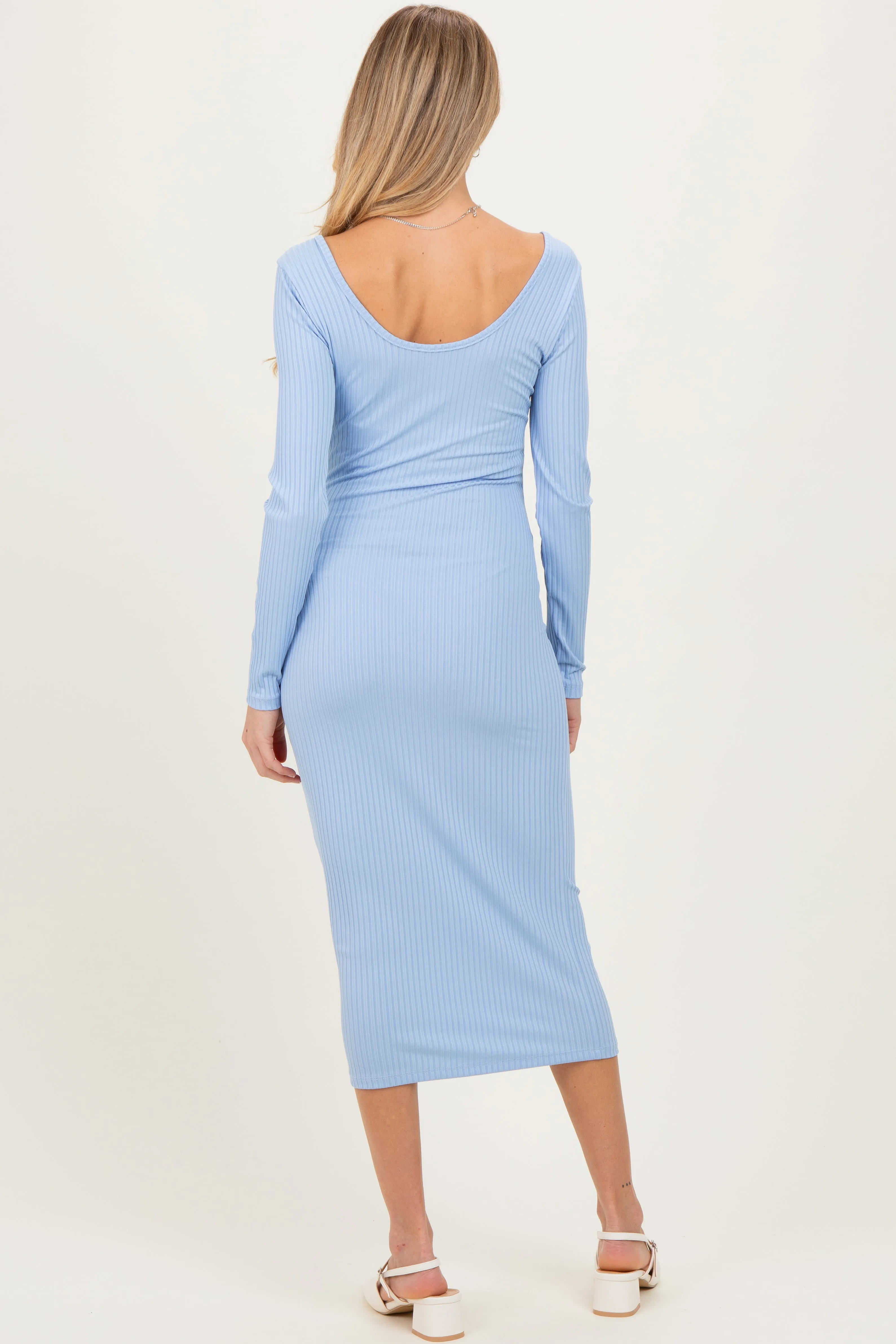 Light Blue Ribbed Long Sleeve Squareneck Fitted Maternity Midi Dress sold by Pinkblush product image thumbnail 4