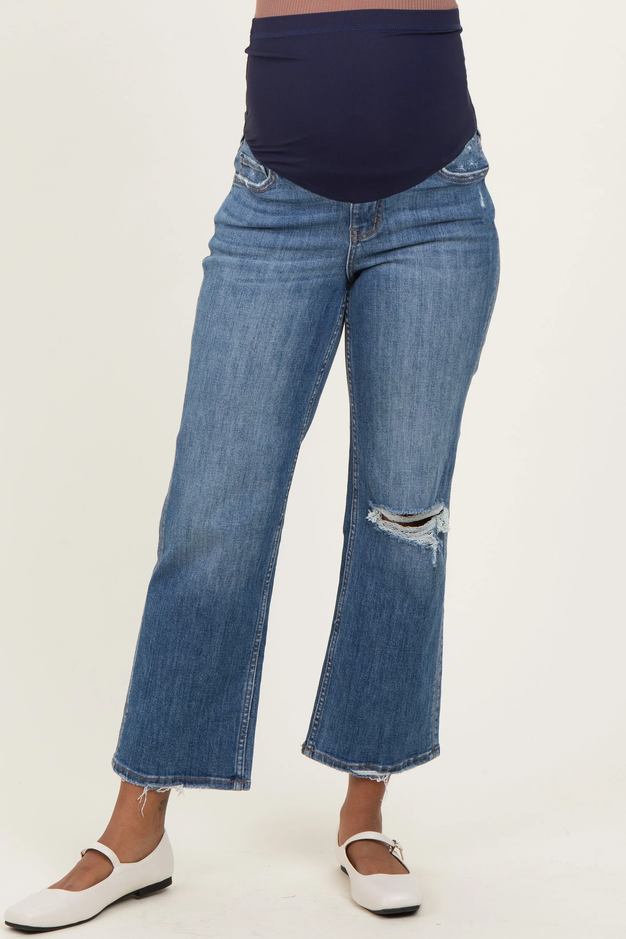 Navy Distressed Open Knee Cropped Wide Leg Maternity Jeans sold by Pinkblush