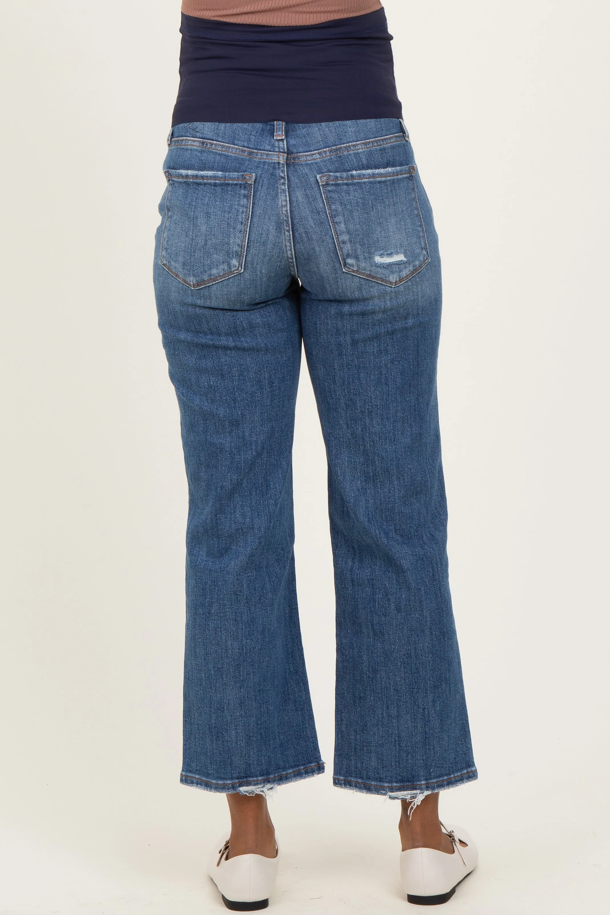 Navy Distressed Open Knee Cropped Wide Leg Maternity Jeans sold by Pinkblush product image thumbnail 5