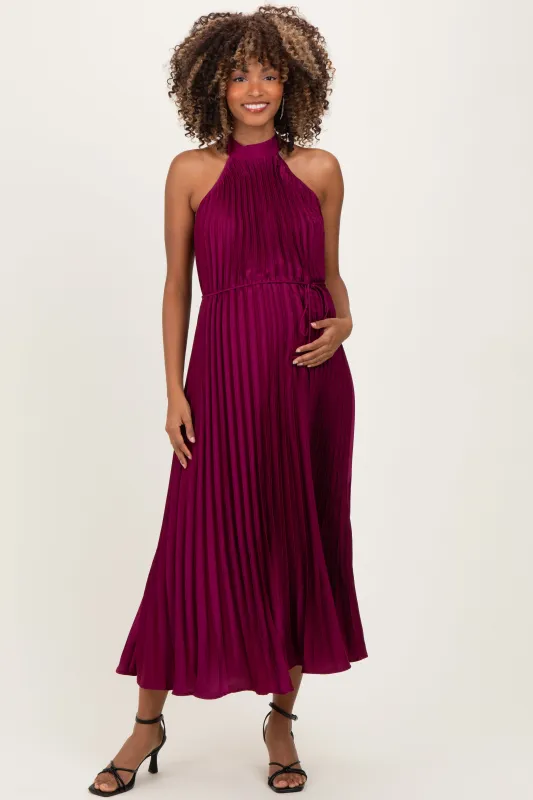 Magenta Pleated Maternity Halter Dress sold by Pinkblush