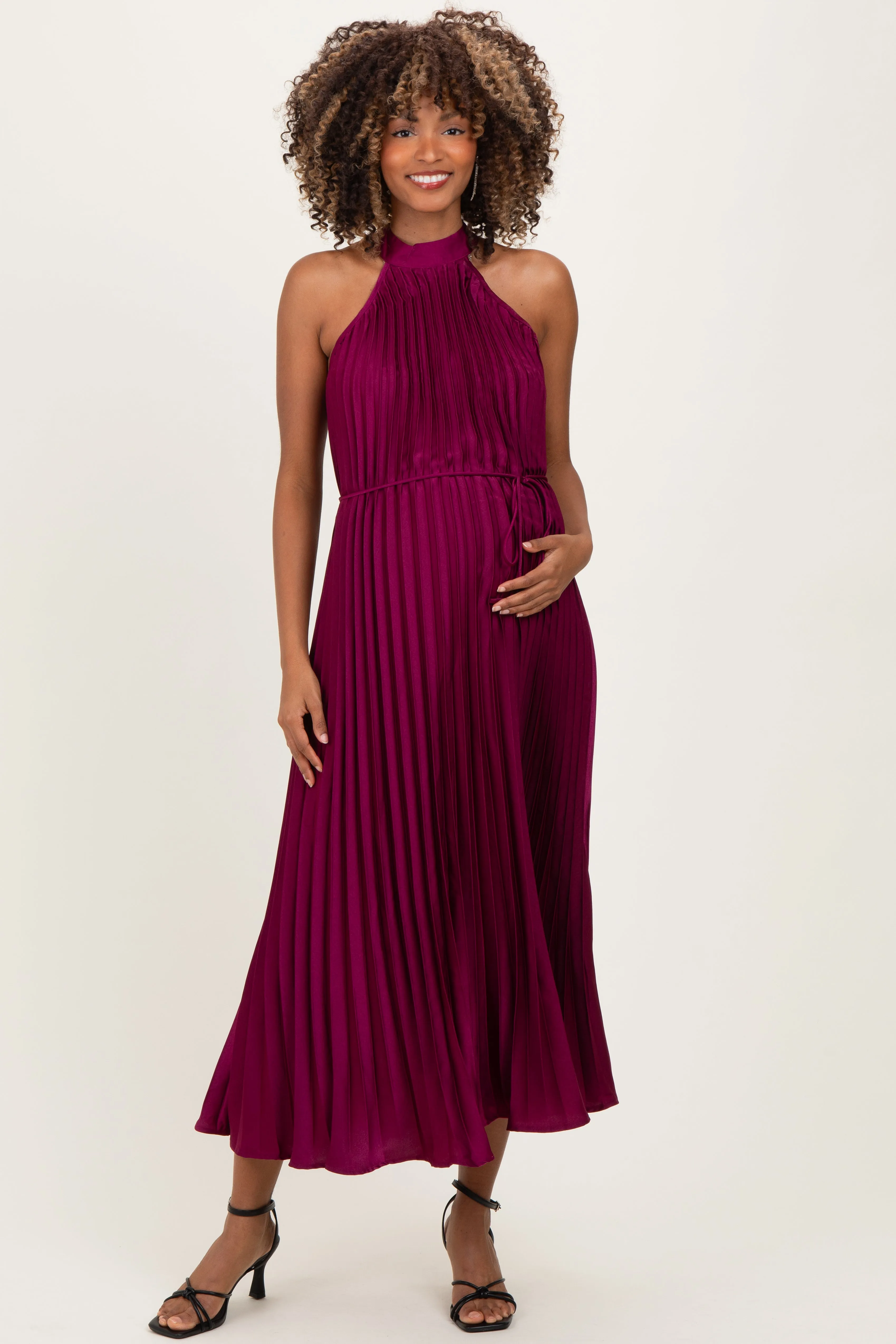 Magenta Pleated Maternity Halter Dress sold by Pinkblush
