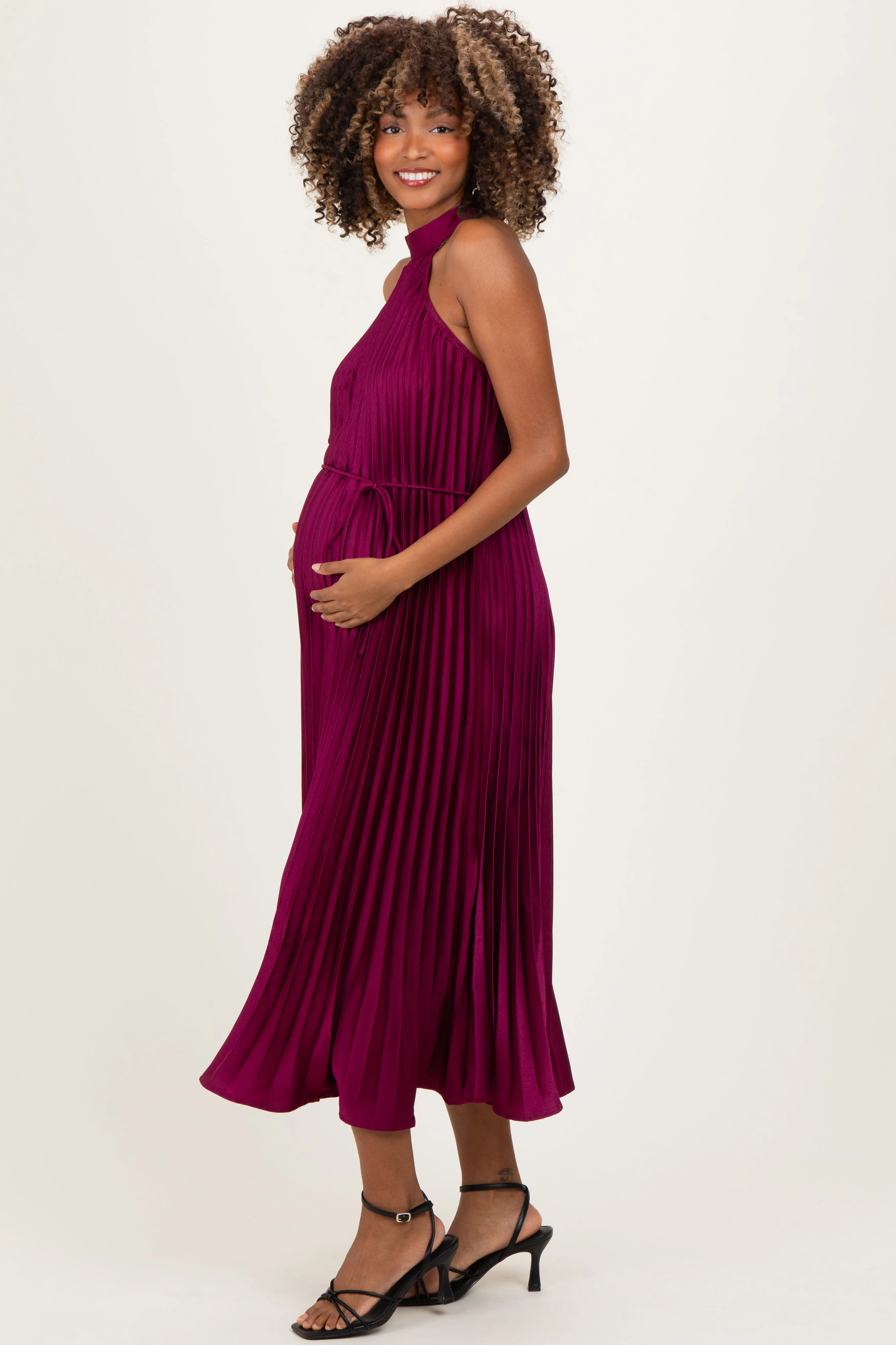 Magenta Pleated Maternity Halter Dress sold by Pinkblush product image thumbnail 2