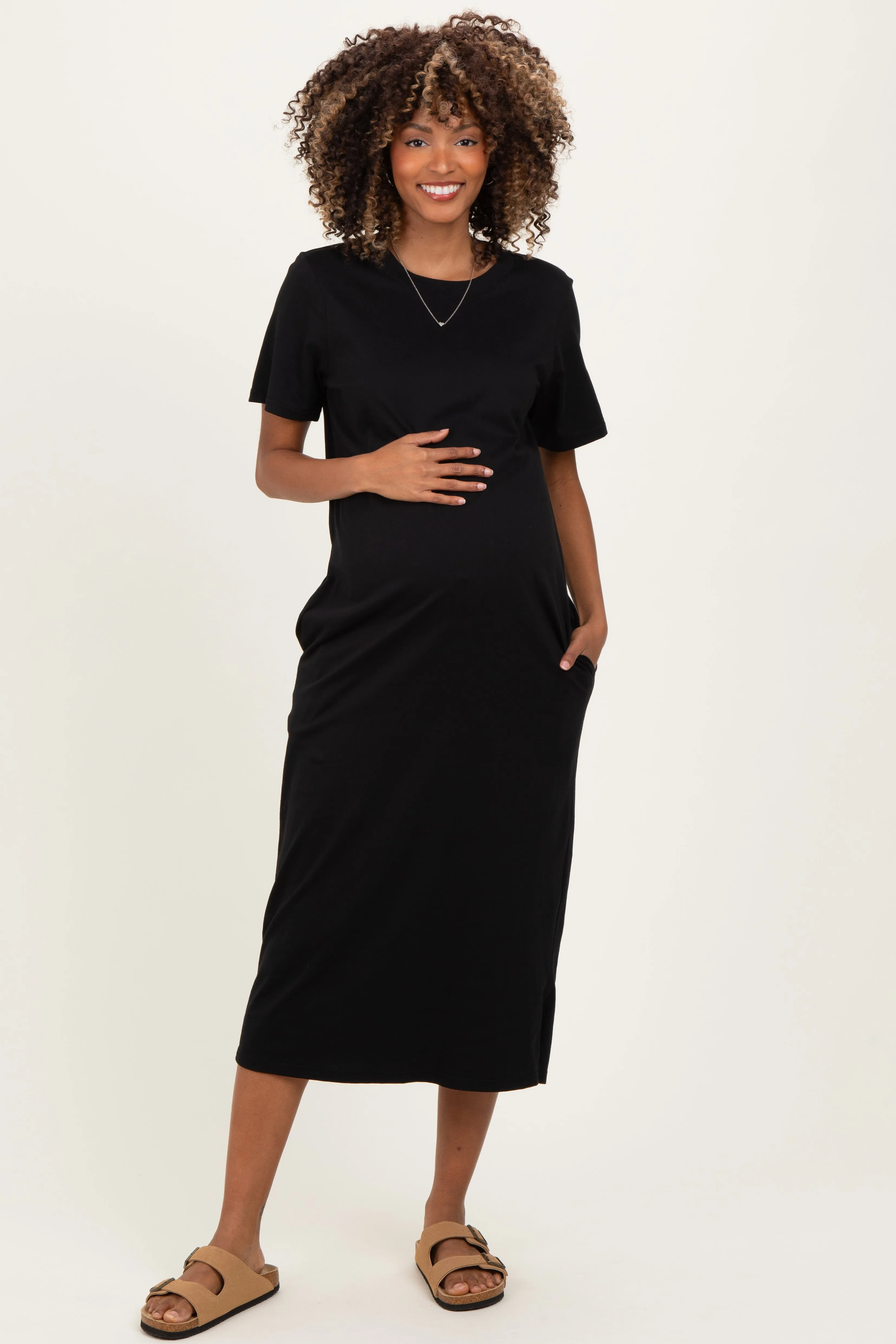 Black Cotton T-Shirt Maternity Midi Dress sold by Pinkblush