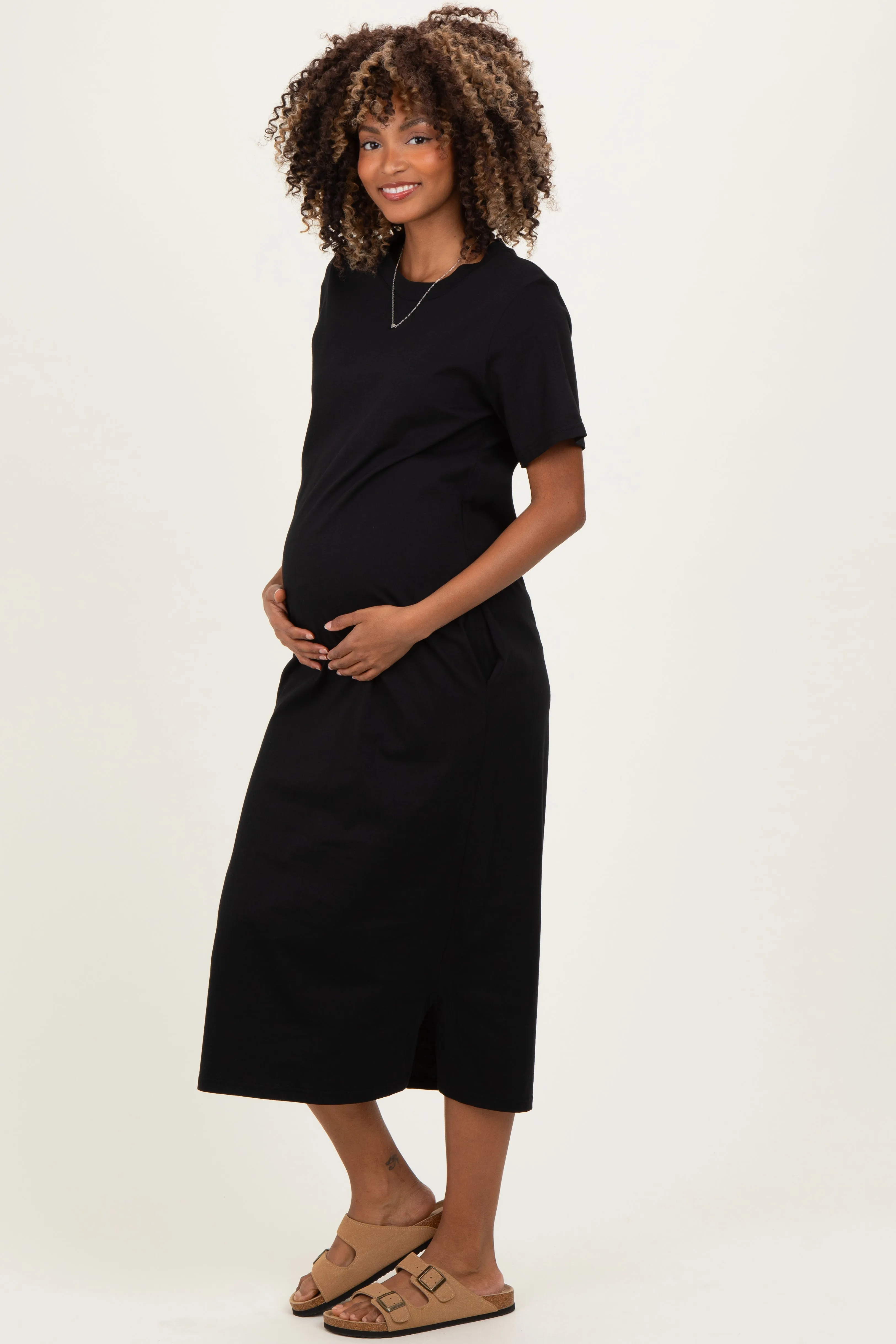 Black Cotton T-Shirt Maternity Midi Dress sold by Pinkblush product image thumbnail 2