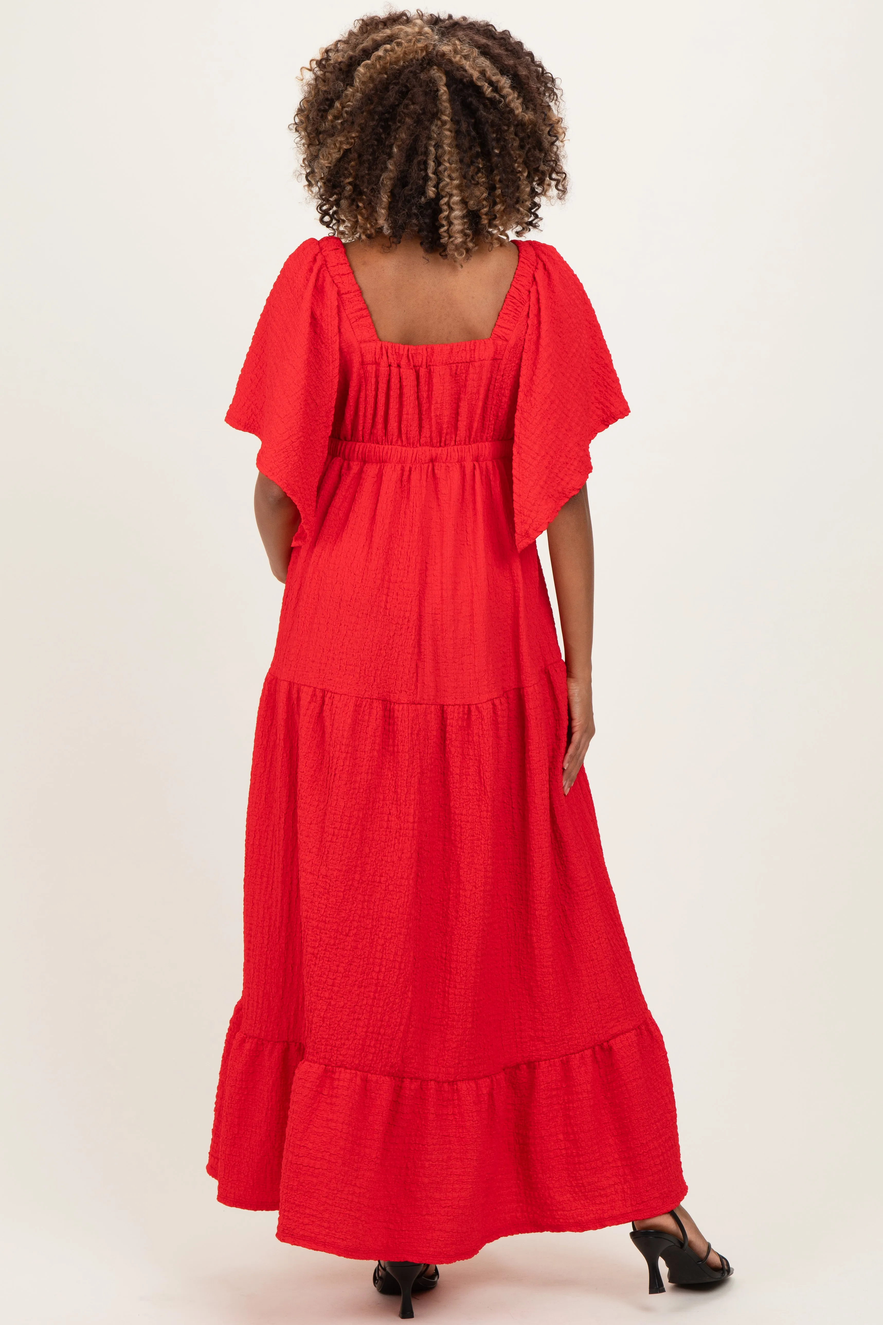 Red Woven Textured Flutter Sleeve V-Neck Tiered Maternity Maxi Dress sold by Pinkblush product image thumbnail 4