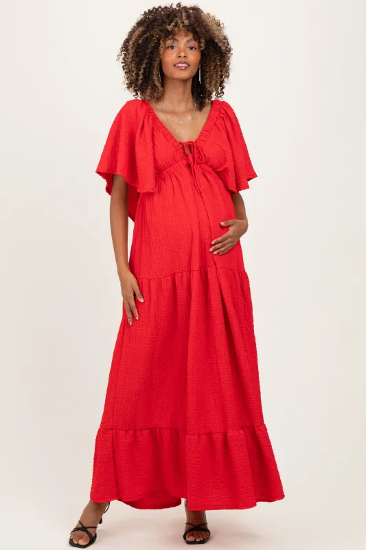 Red Woven Textured Flutter Sleeve V-Neck Tiered Maternity Maxi Dress sold by Pinkblush
