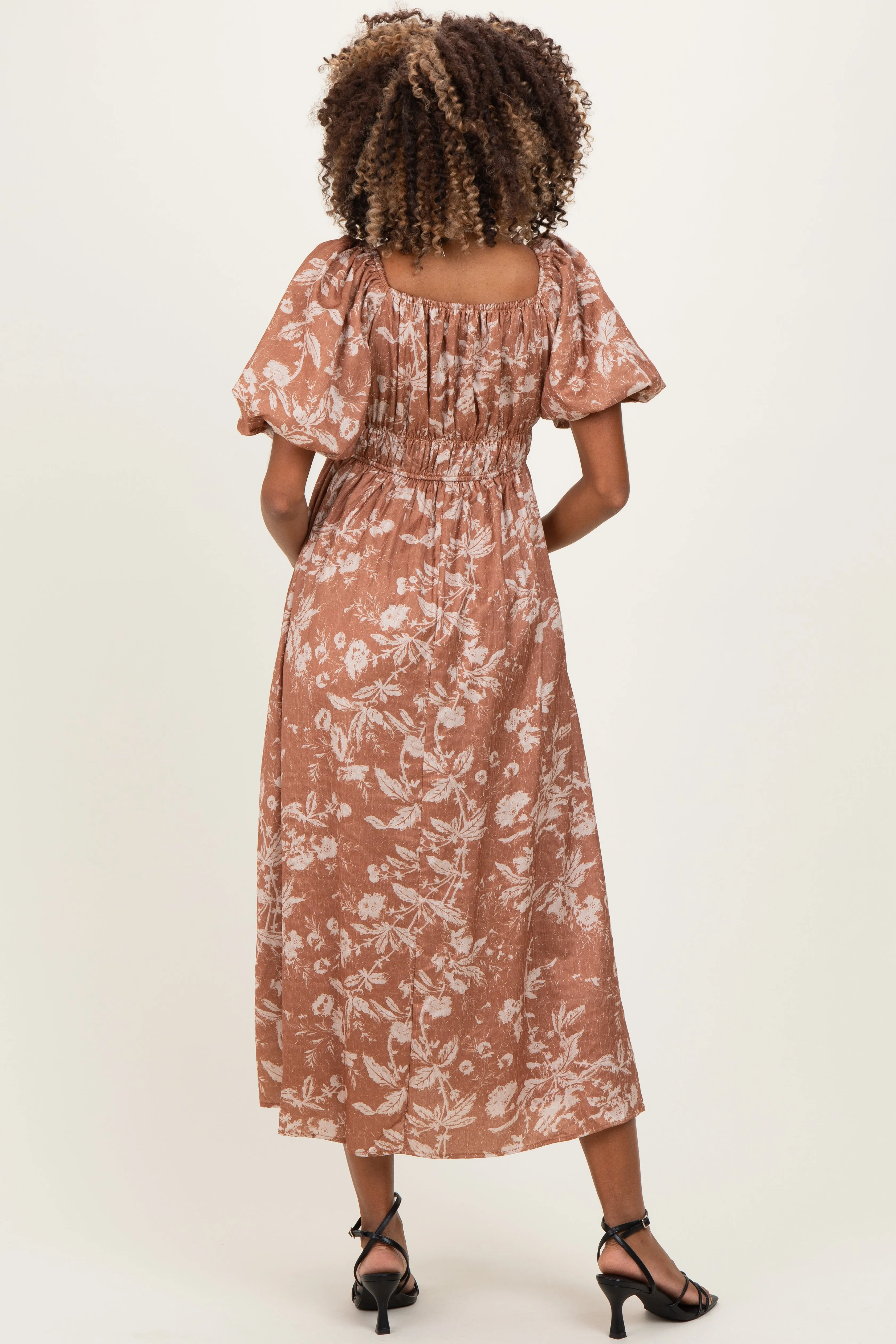 Rust Floral Puff Sleeve Smocked Waist Maternity Midi Dress sold by Pinkblush product image thumbnail 3
