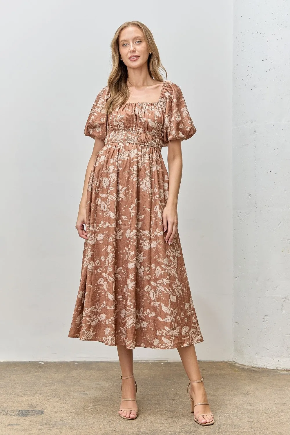 Rust Floral Puff Sleeve Smocked Waist Maternity Midi Dress sold by Pinkblush product image thumbnail 4