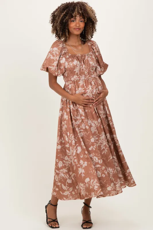 Rust Floral Puff Sleeve Smocked Waist Maternity Midi Dress sold by Pinkblush
