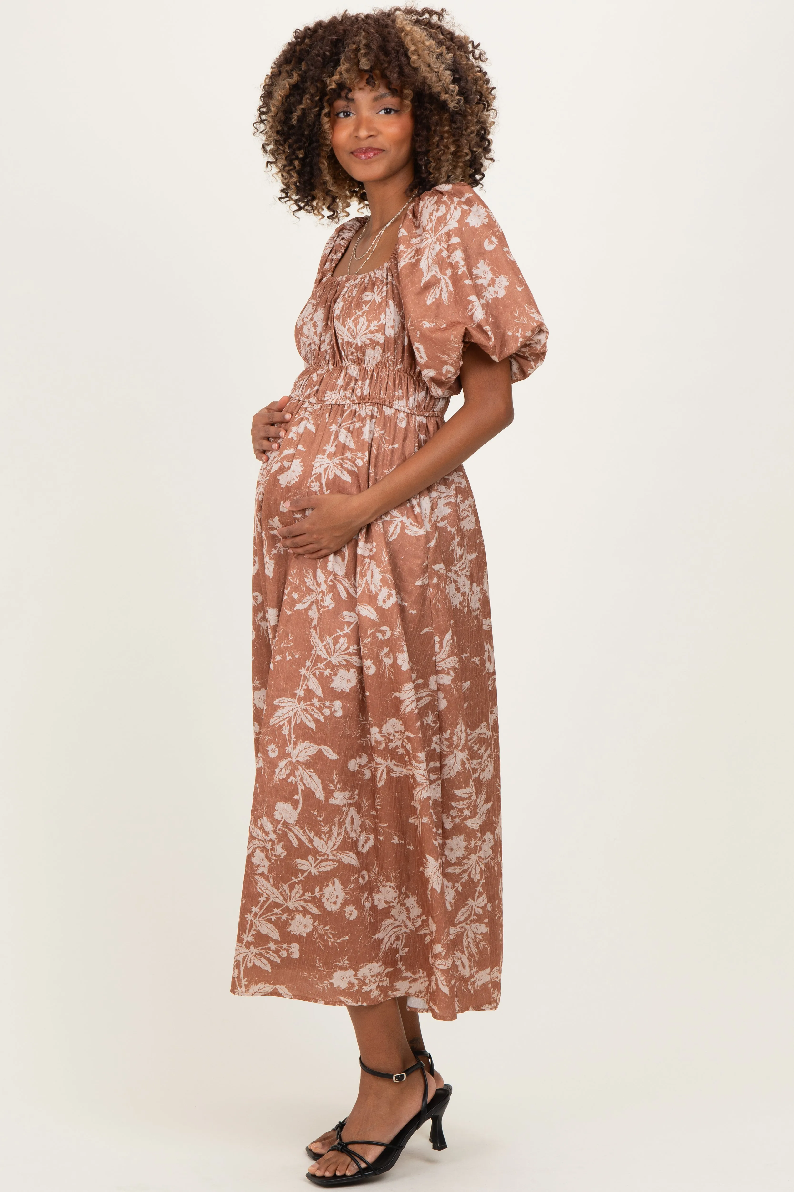 Rust Floral Puff Sleeve Smocked Waist Maternity Midi Dress sold by Pinkblush product image thumbnail 2