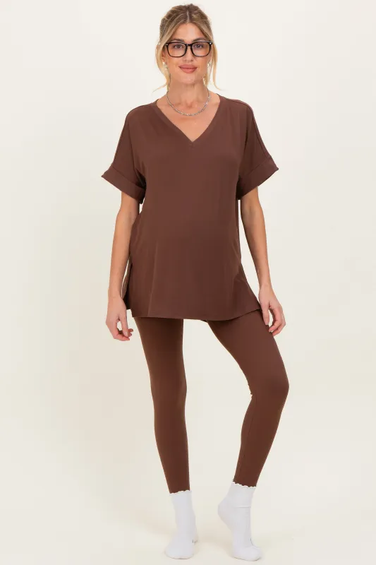 Brown Oversized V-Neck Tee Legging Maternity Lounge Set sold by Pinkblush