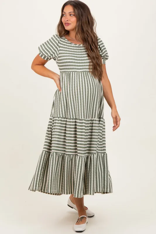 Dusty Olive/ Cream Striped Short Sleeve Tiered Maternity Maxi Dress sold by Pinkblush