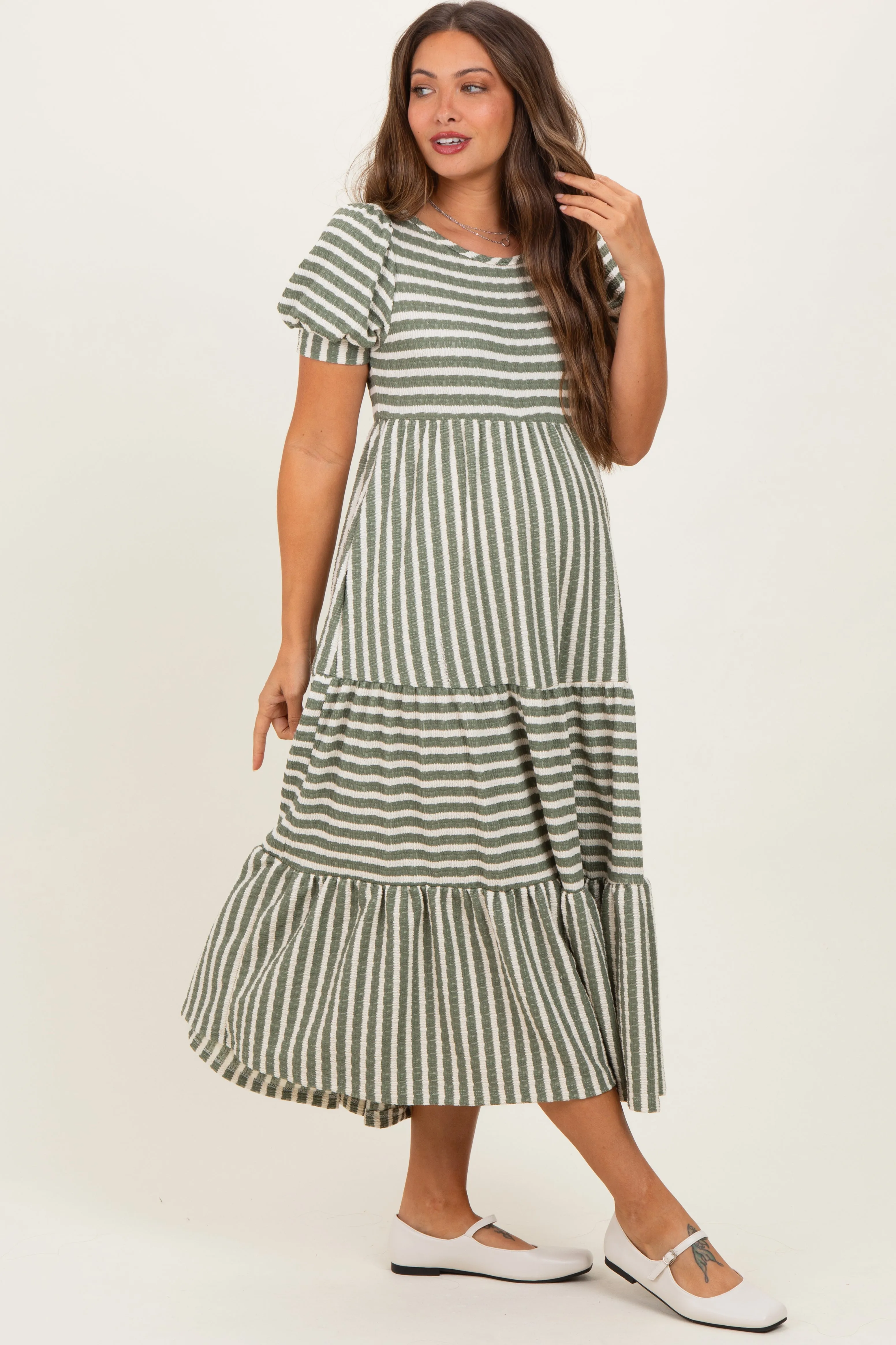 Dusty Olive/ Cream Striped Short Sleeve Tiered Maternity Maxi Dress sold by Pinkblush product image thumbnail 2
