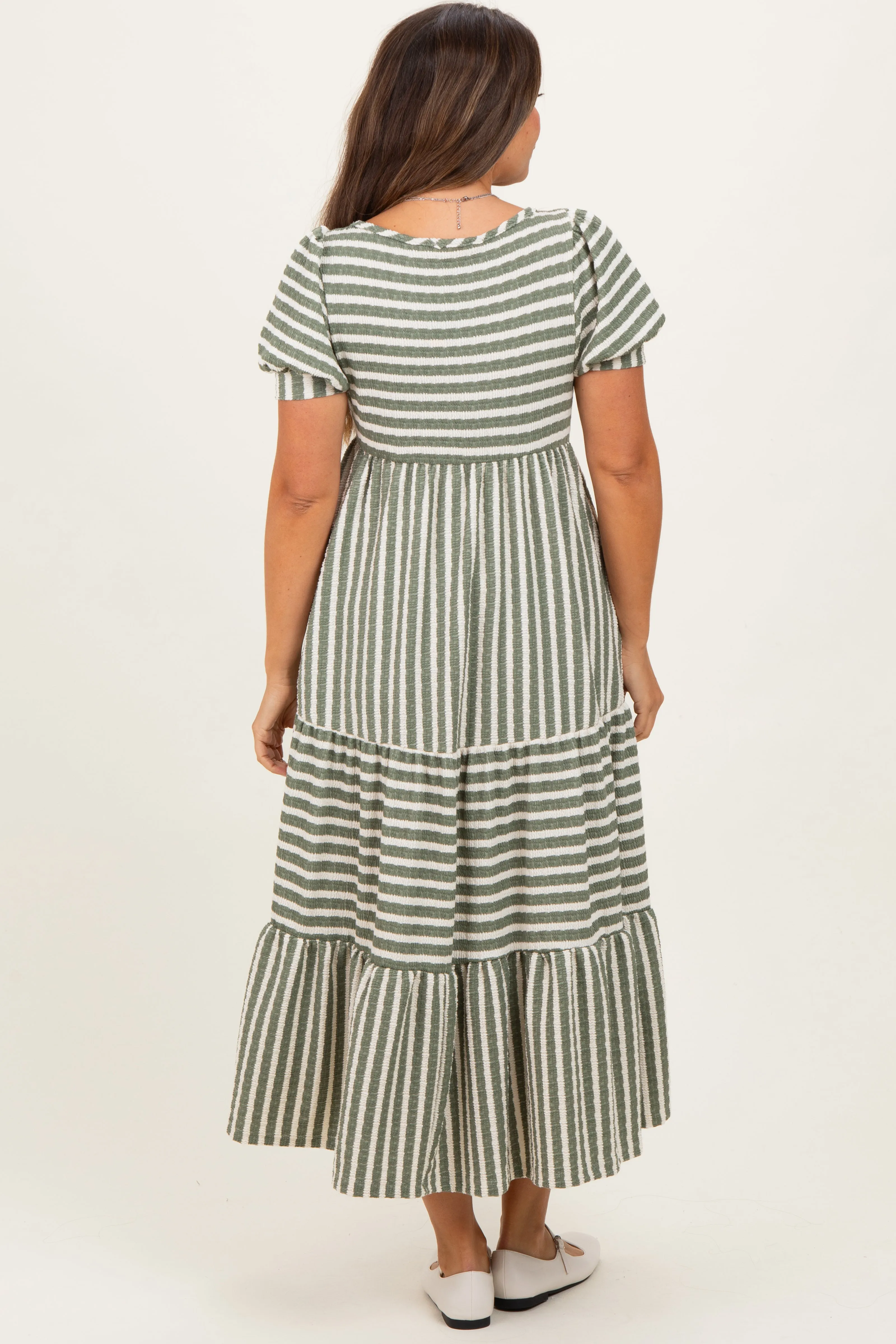 Dusty Olive/ Cream Striped Short Sleeve Tiered Maternity Maxi Dress sold by Pinkblush product image thumbnail 3