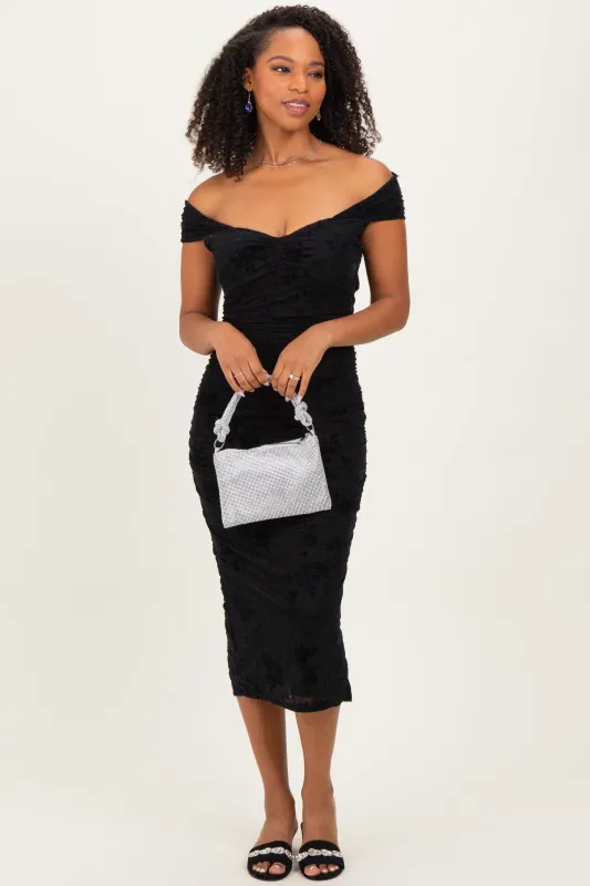 Black Off Shoulder Ruched Mesh Midi Dress sold by Pinkblush