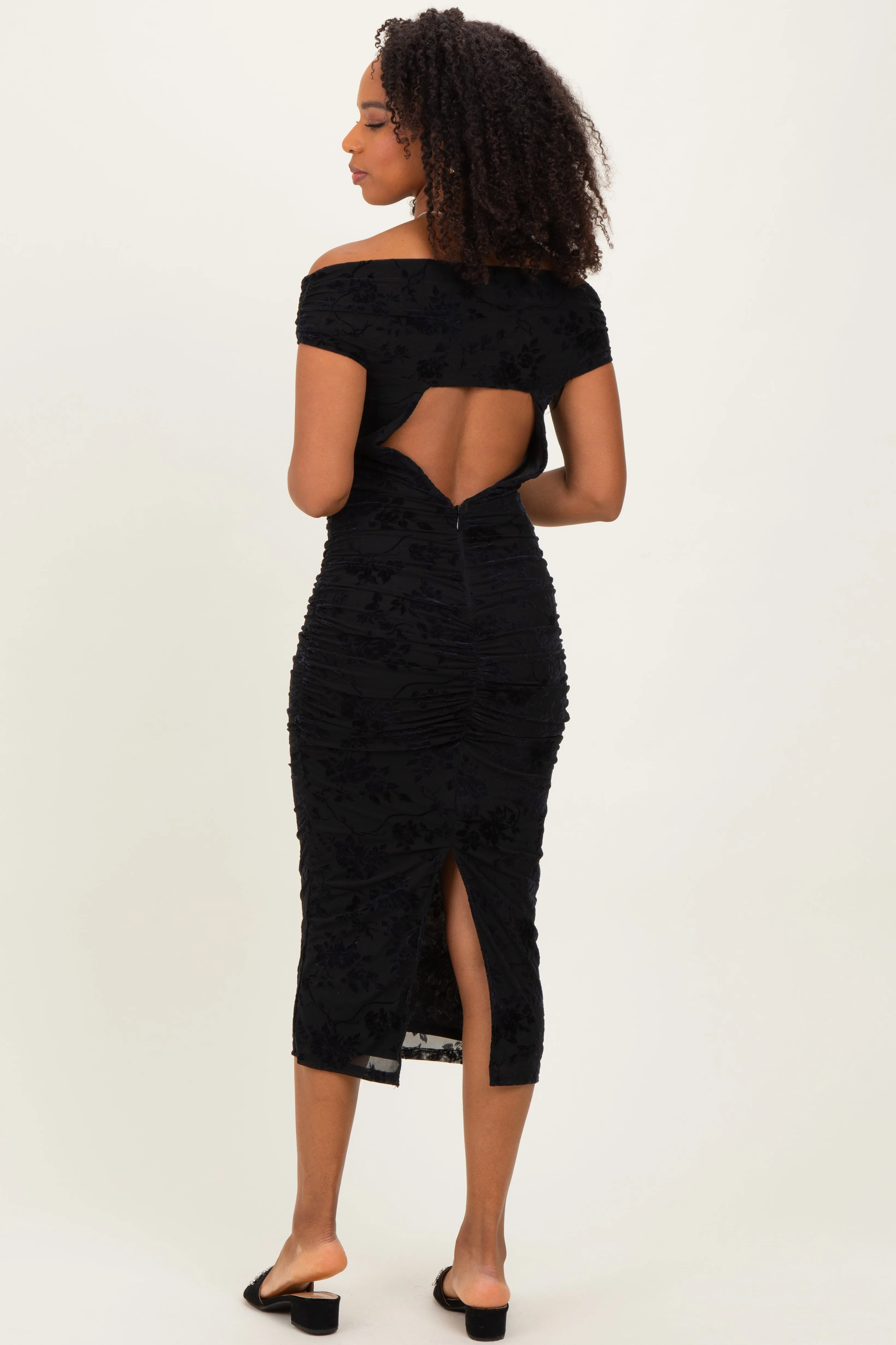 Black Off Shoulder Ruched Mesh Midi Dress sold by Pinkblush product image thumbnail 4