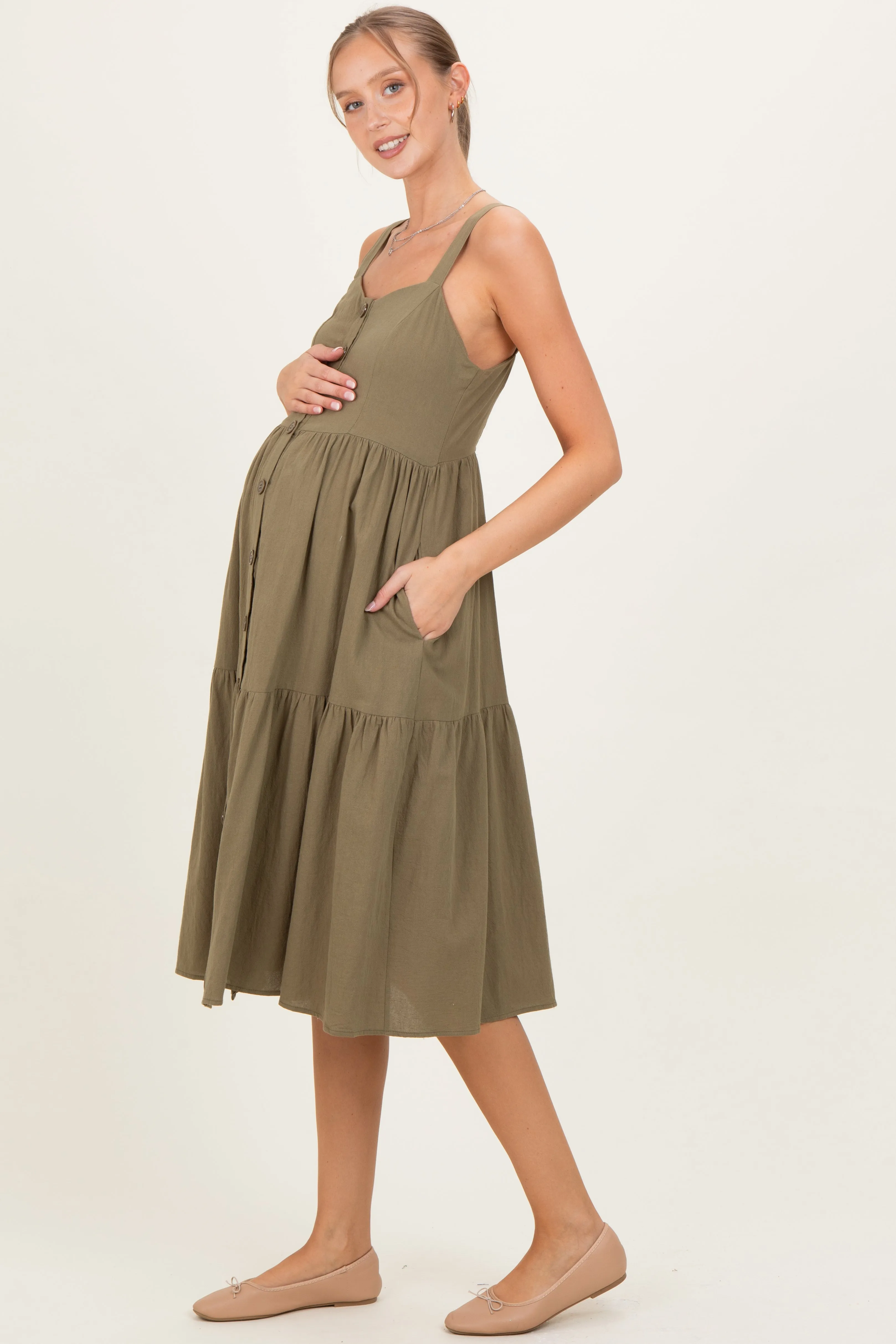 Olive Sleeveless Button Down Tiered Maternity Midi Dress sold by Pinkblush product image thumbnail 3