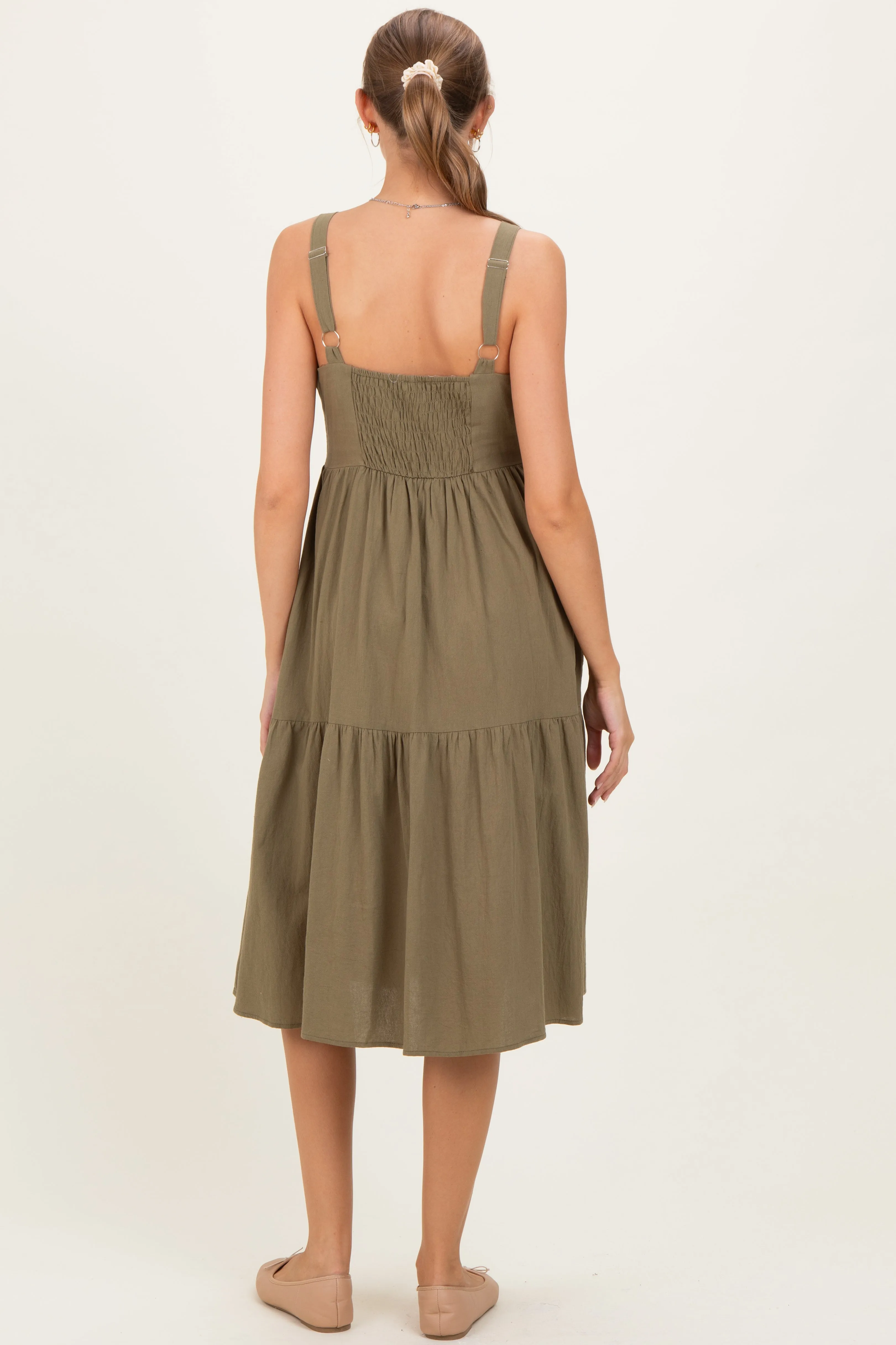 Olive Sleeveless Button Down Tiered Maternity Midi Dress sold by Pinkblush product image thumbnail 4