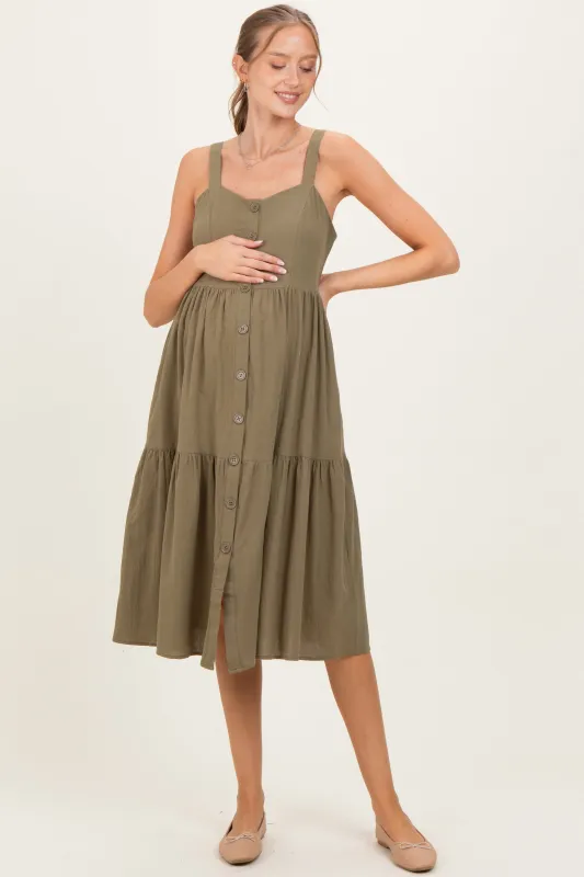 Olive Sleeveless Button Down Tiered Maternity Midi Dress sold by Pinkblush