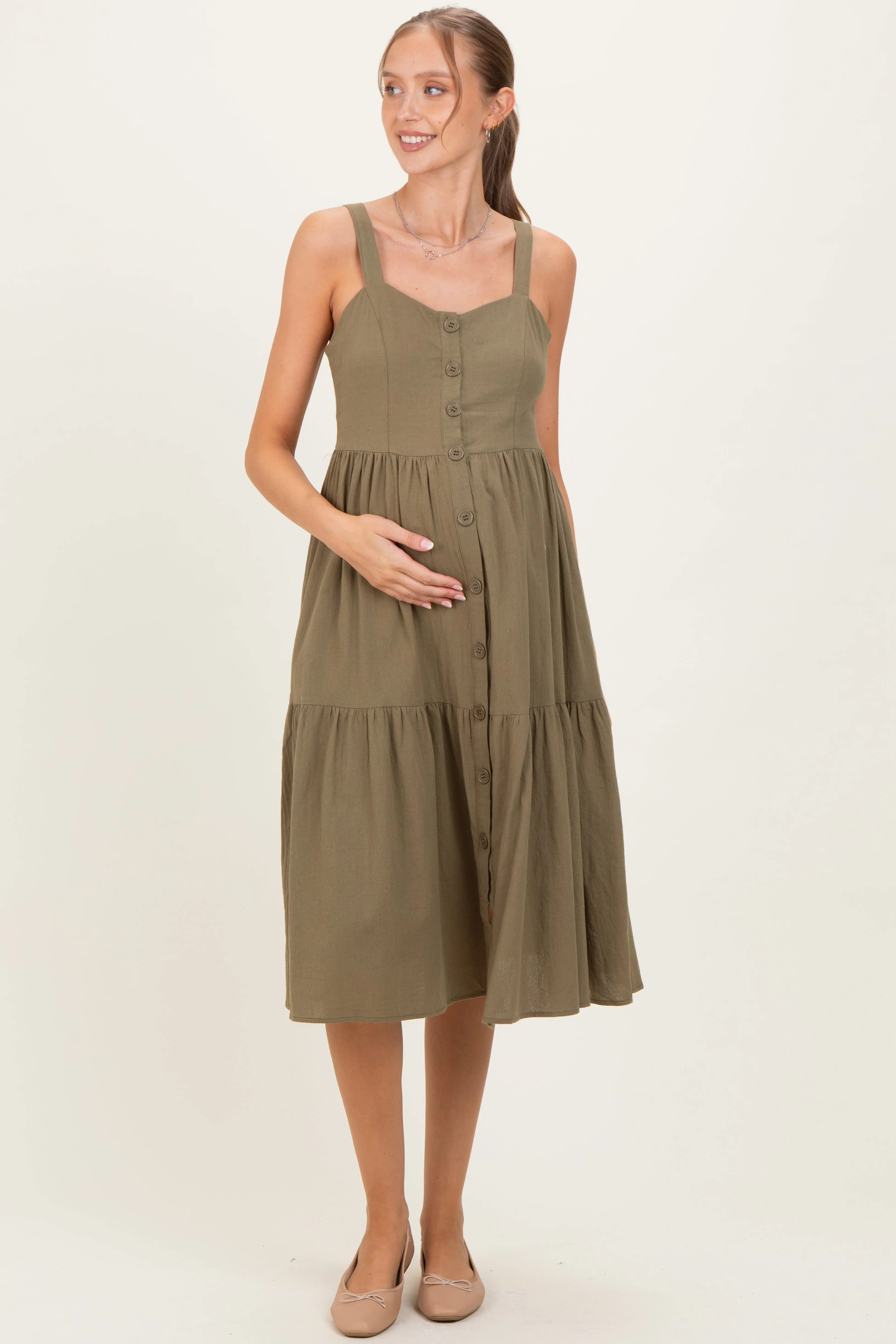 Olive Sleeveless Button Down Tiered Maternity Midi Dress sold by Pinkblush product image thumbnail 2