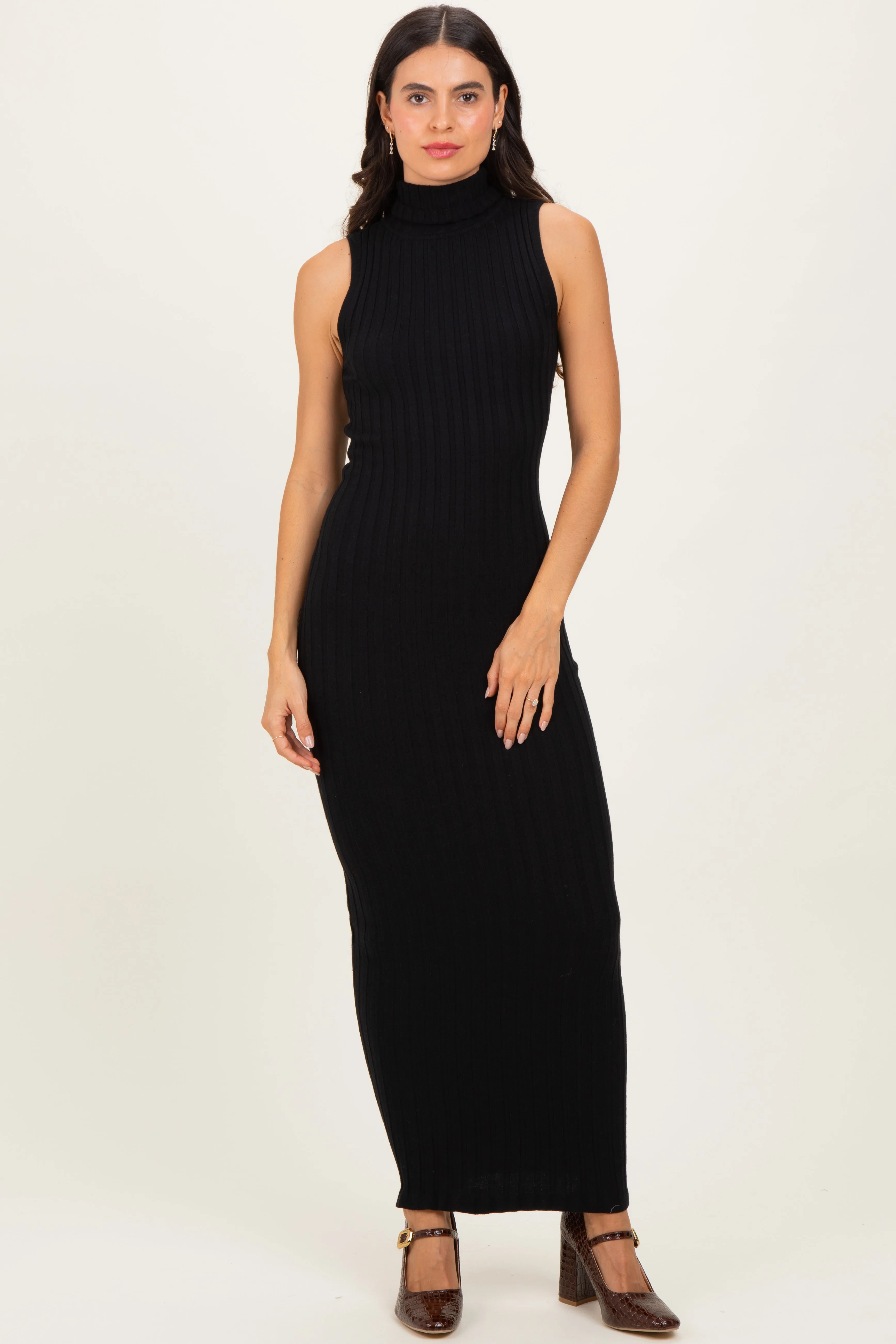 Black Turtleneck Ribbed Knit Sleeveless Maternity Maxi Dress sold by Pinkblush product image thumbnail 5