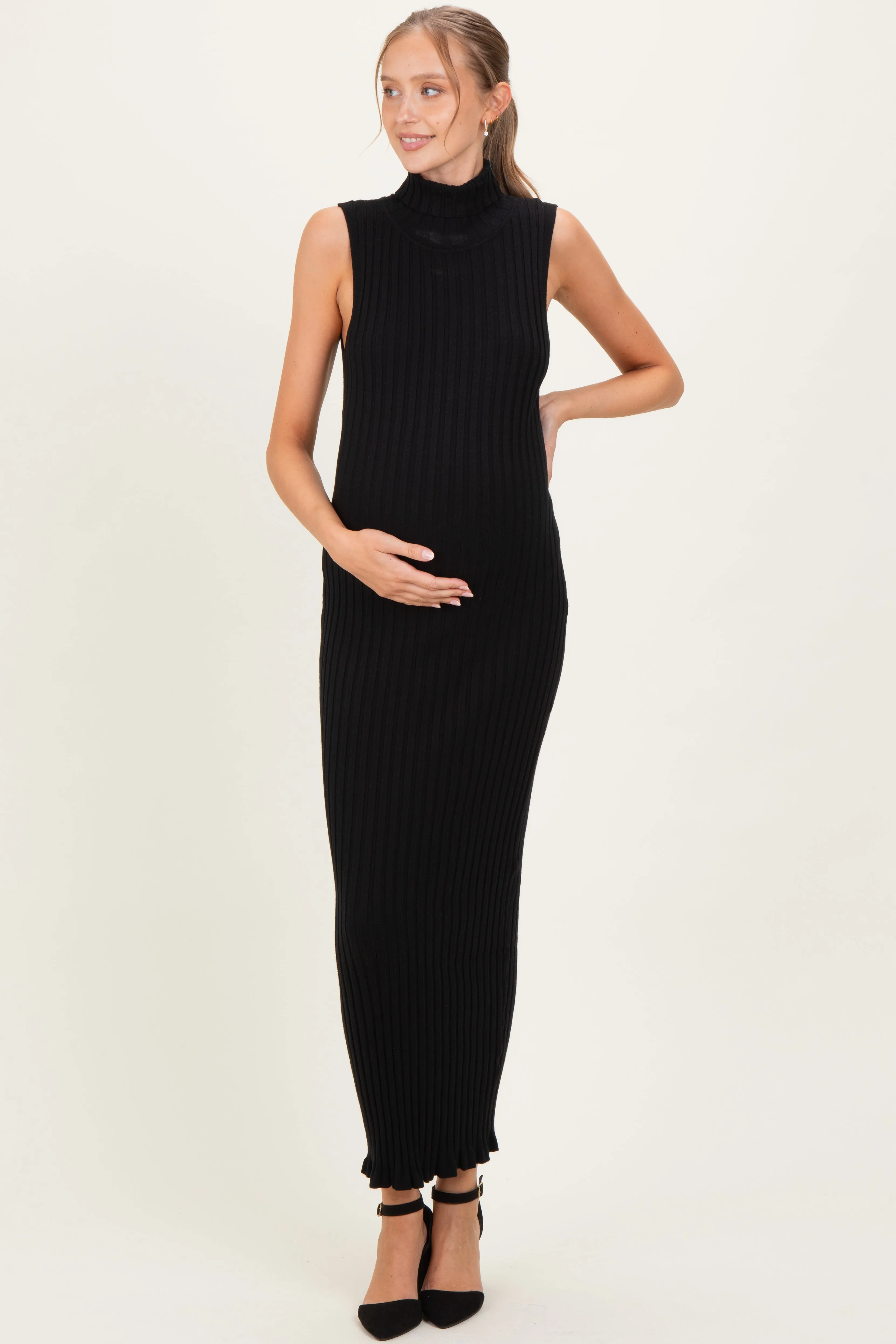Black Turtleneck Ribbed Knit Sleeveless Maternity Maxi Dress sold by Pinkblush product image thumbnail 2