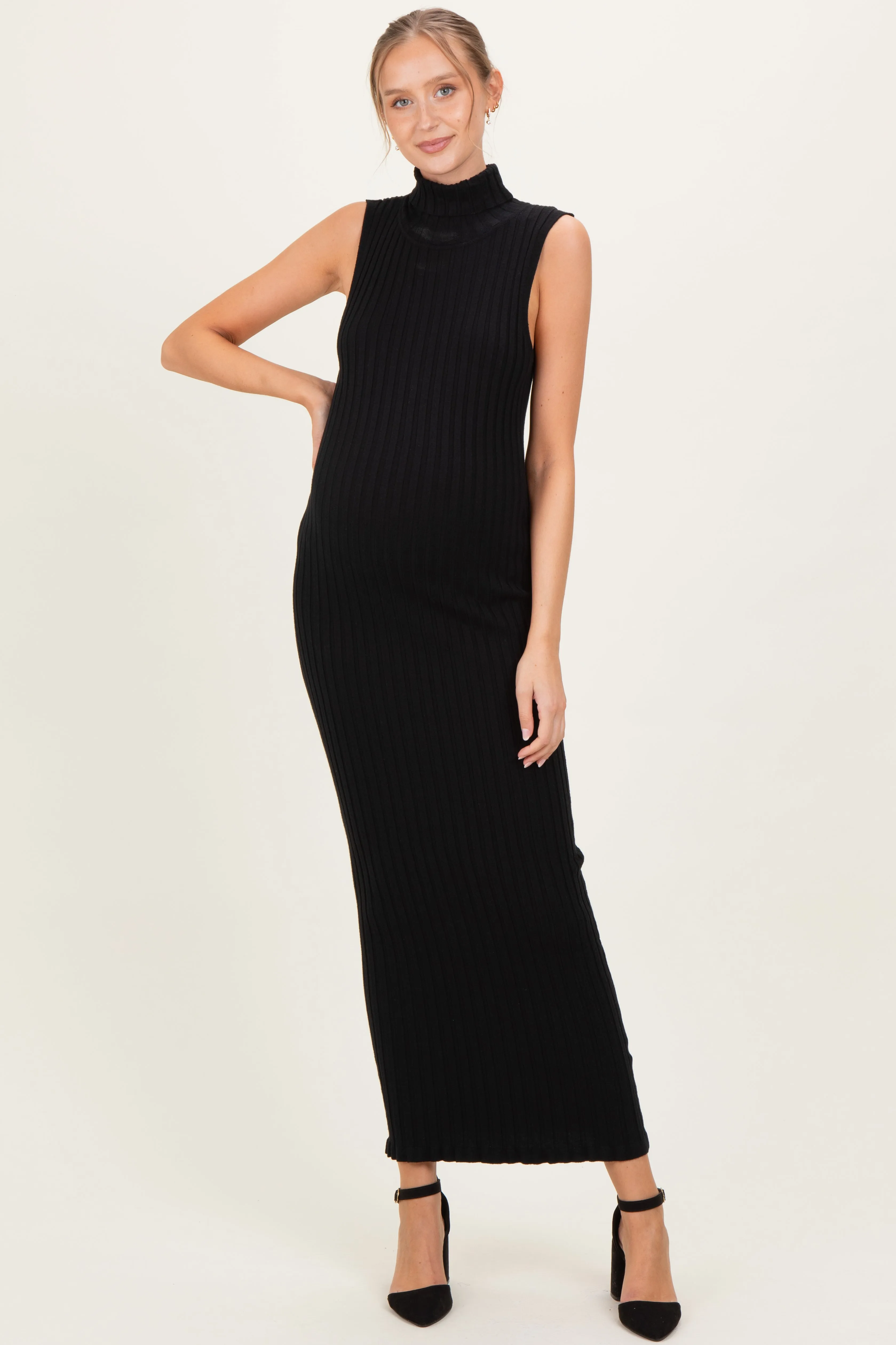 Black Turtleneck Ribbed Knit Sleeveless Maternity Maxi Dress sold by Pinkblush