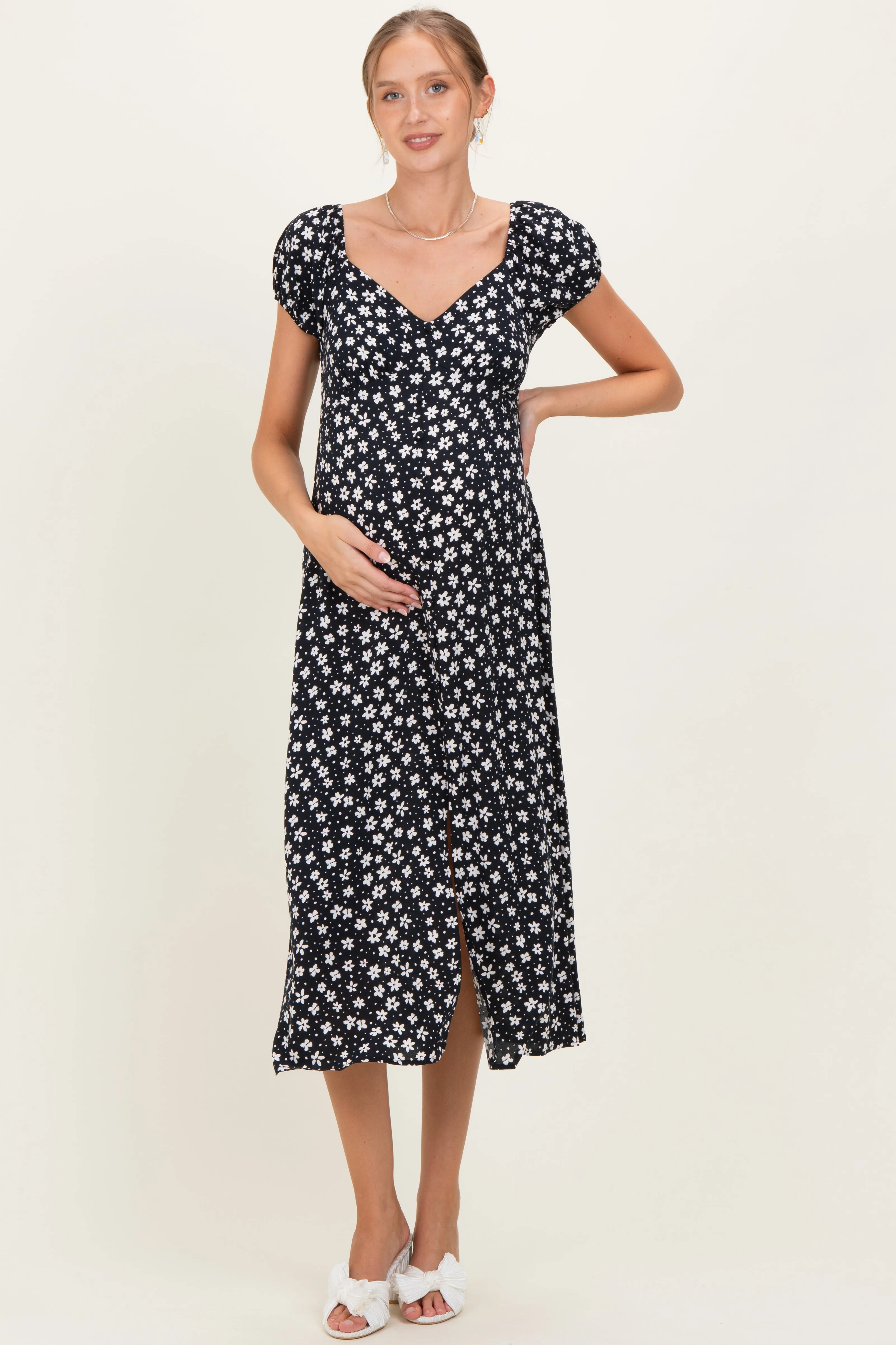 Black Floral V-Neck Button Detail Maternity Midi Dress sold by Pinkblush product image thumbnail 2