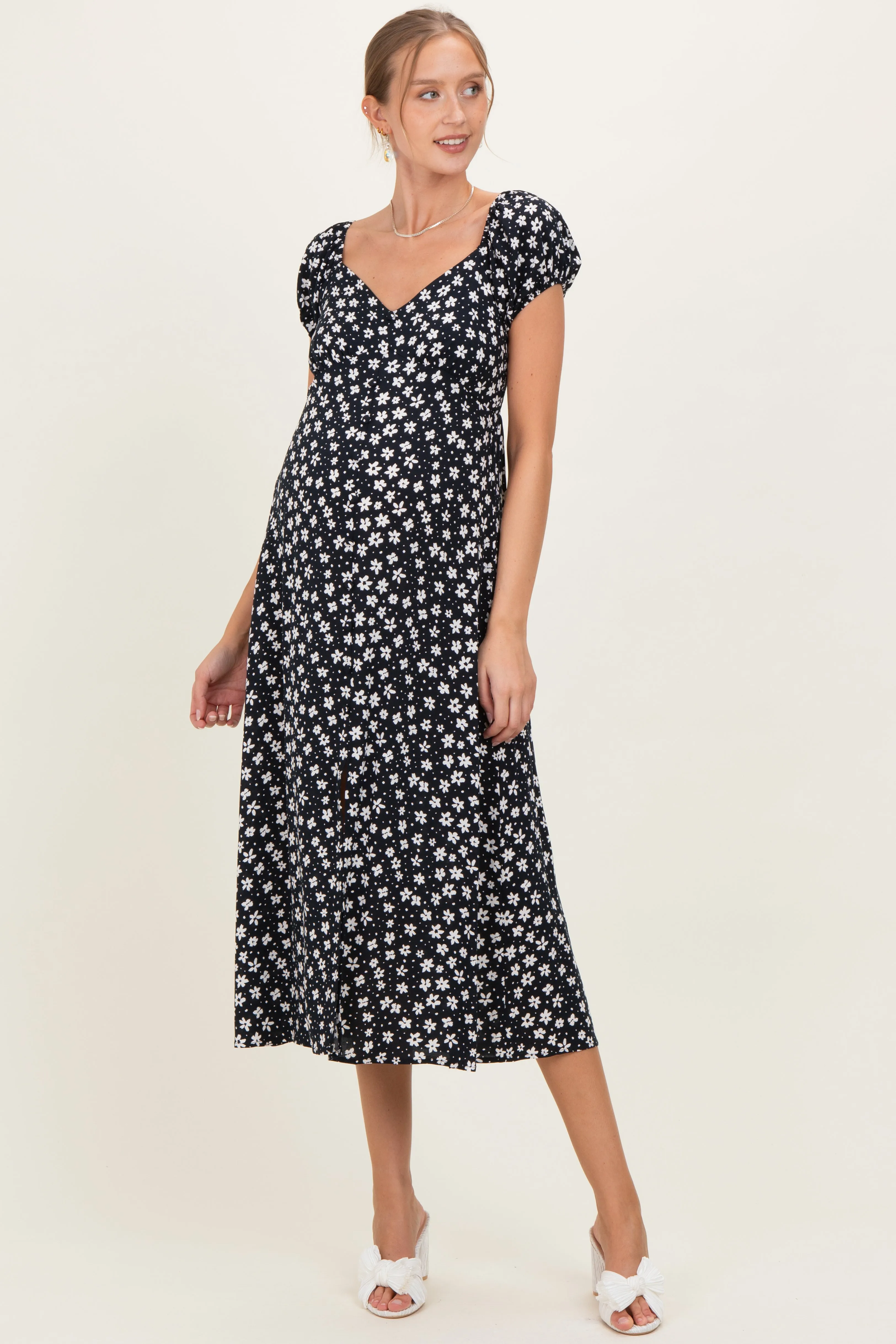 Black Floral V-Neck Button Detail Maternity Midi Dress sold by Pinkblush