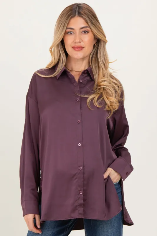 Burgundy Long Sleeve Oversized Satin Maternity Shirt sold by Pinkblush