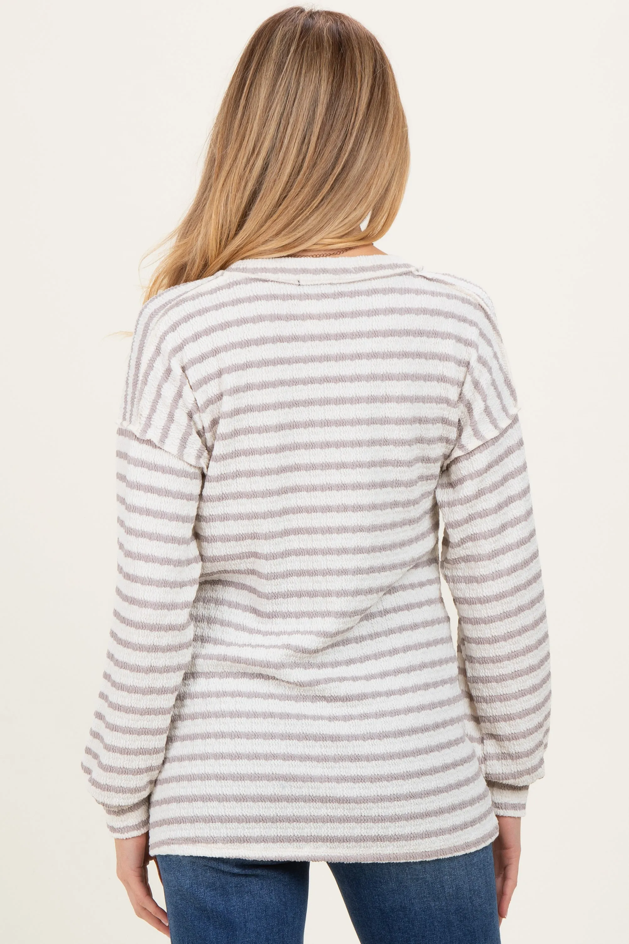 Cream/Taupe Long Puff Sleeve V-Neck Striped Maternity Top sold by Pinkblush product image thumbnail 4